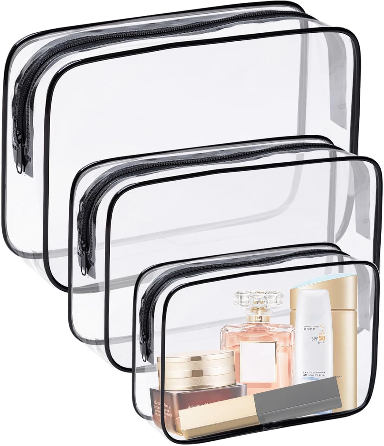QAUARUMSUN 3Pcs Clear Cosmetic Bag Transparent Makeup Bag for Women Men Waterproof Travel Makeup Clear Toiletry Organizer Cosmetic Storage Pouch Case with Zipper, Convenient(Black) image number 2