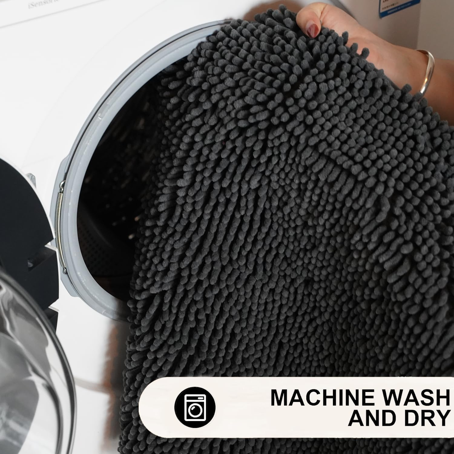 Bathroom Rug Mat Non Slip Black Extra Long Bath Mat for Bathroom Floor - Fluffy Soft, Ultra Absorbent and Machine Washable Striped Chenille Noodle Bath Runners Rugs for Bathroom (59" X 20", Black) image number 3