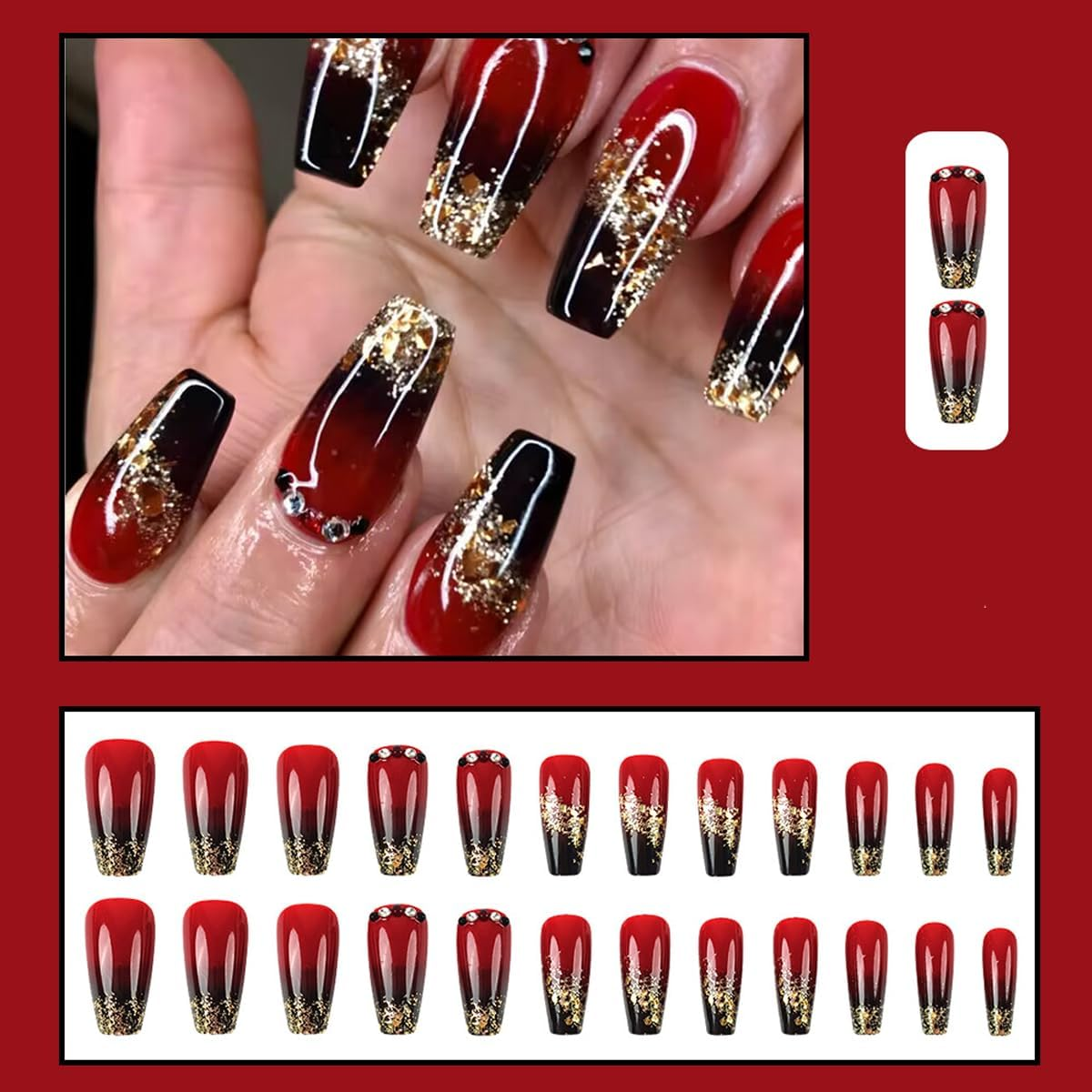 ＴＩＺＹＦＦ Press on Nails, Gold Glitter Black and Red Gradient Fake Nails, Artificial Nails for Women and Girls -24 Pcs image number 4