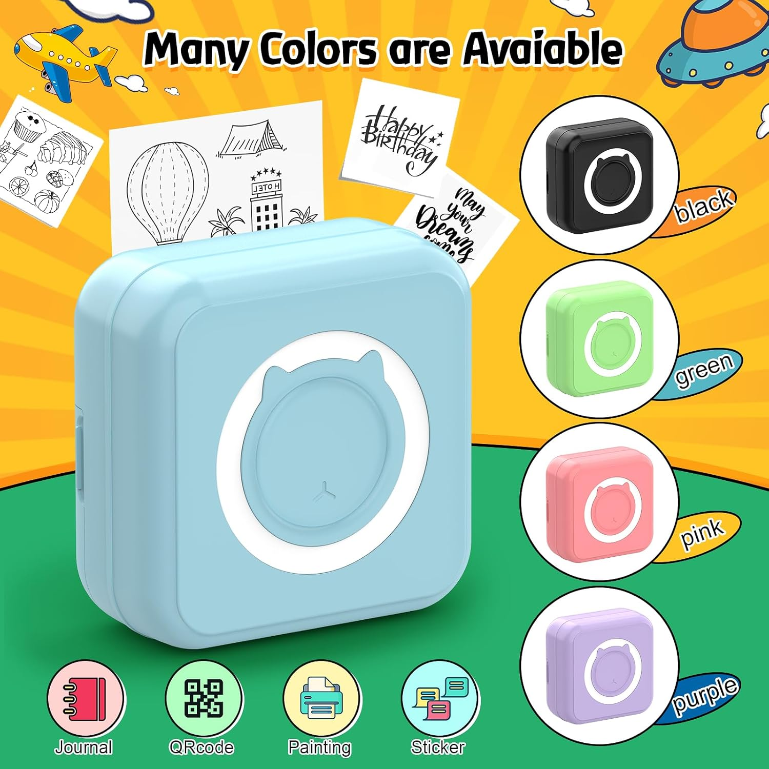 QYCHHJ Portable Pocket Printer for Iphone/Android/Tablet, Inkless Mini Thermal Printer with 8 Rolls Thermal Paper, Bluetooth Mini Sticker Printer for School Notes Scrapbook Supplies Memo Photo, Blue image number 1