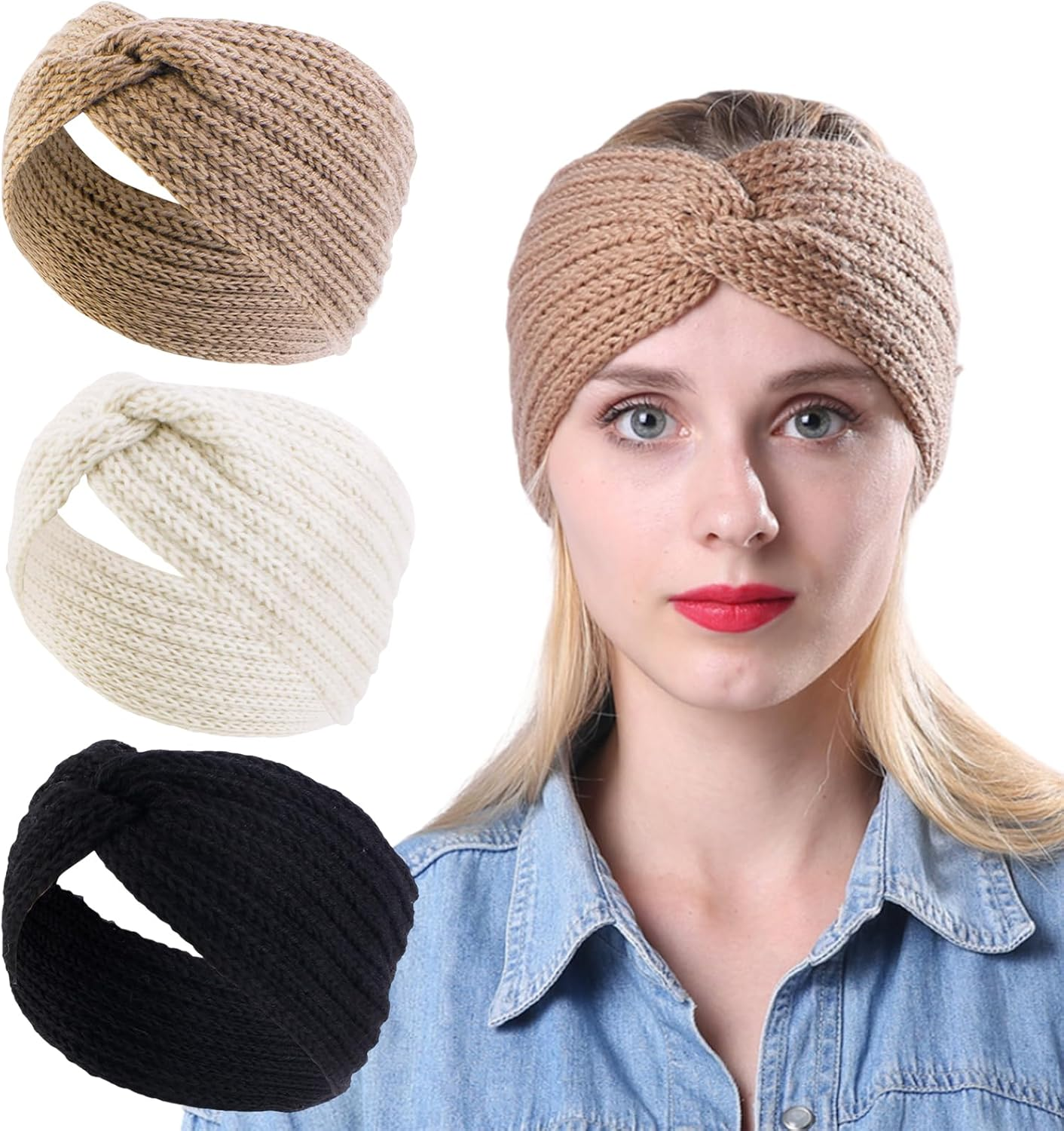 Women'S Winter Headband, Women'S Knitted Ear Warmers, Pack of 3, Thick Headbands, Girls, Knitted Headband, Headwrap, Hair Bands, Warm Winter Gifts image number 4