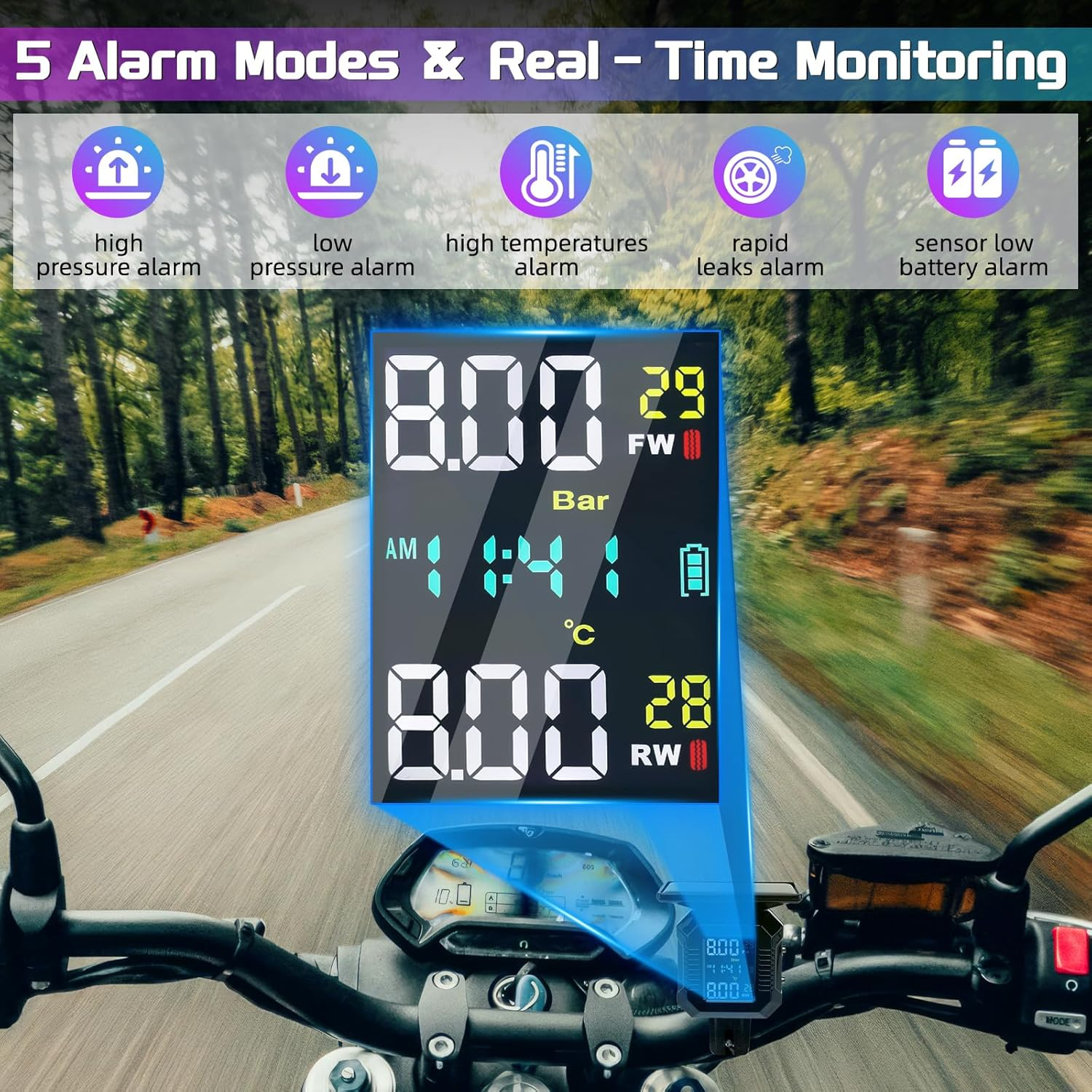 Motorcycle Tyre Pressure Monitoring System, Motorcycle TPMS with 2 External Sensors, LCD Display, USB Charging, IP67 Waterproof, Motorbike Tyre Pressure Monitor System, Two-Wheeled Motorcycle TPMS