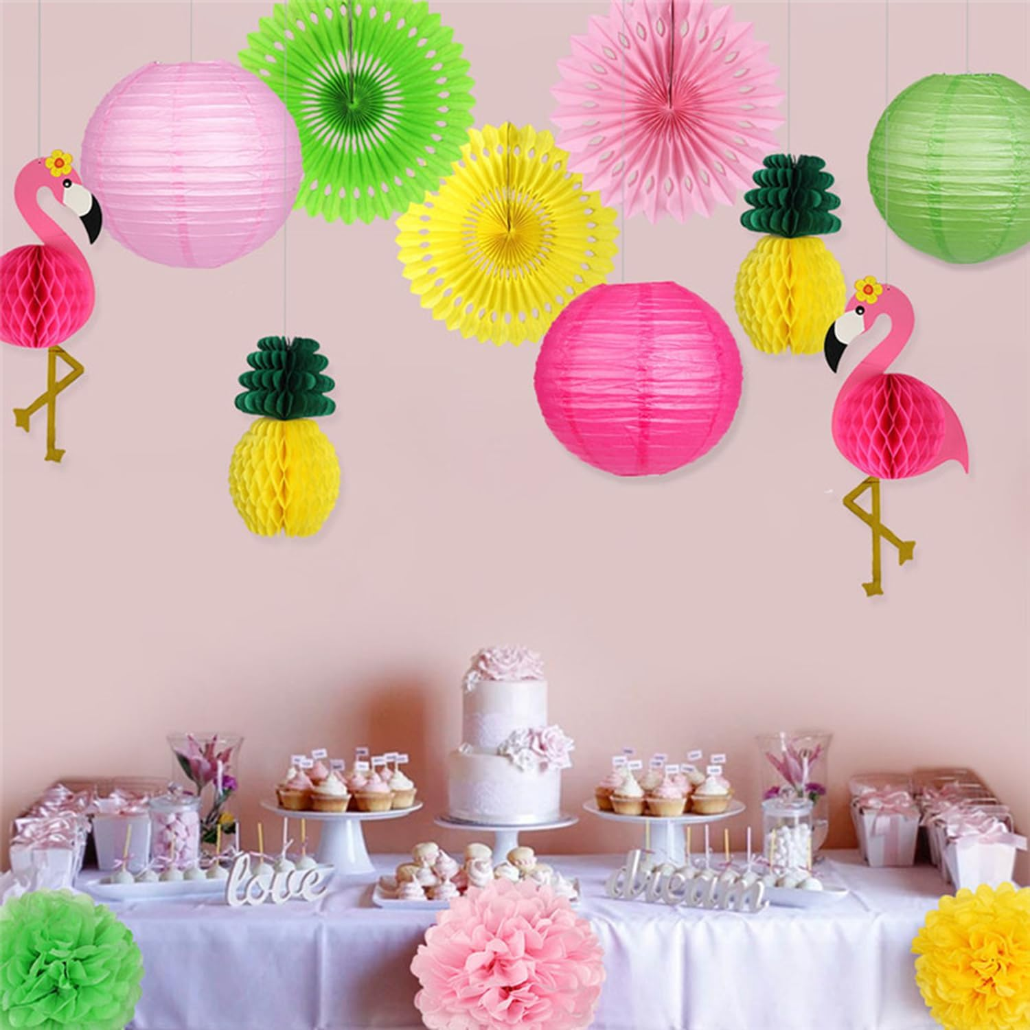 Flamingo Party Supplies, Hawaiian Party Decorations Flamingo and Pineapple Honeycomb Ball Paper Lanterns Paper Fans Pom Poms Flowers for Birthday Luau Tropical Bachelorette Party image number 3