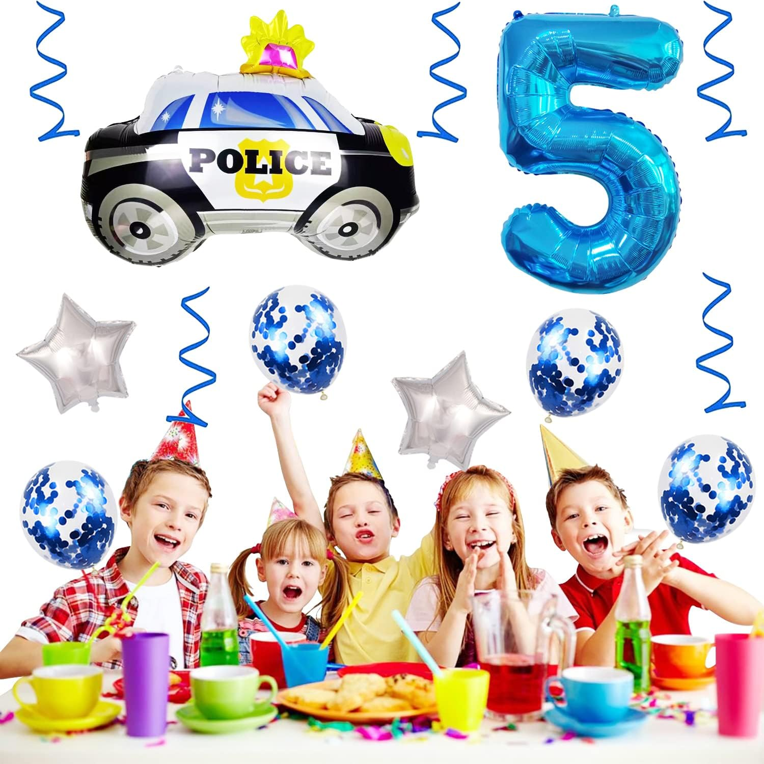 Weenkeey 5Th Police Car Birthday Balloons Giant Police Car Aluminum Foil Balloon Number 5 Mylar Balloon for Police Party Boys Birthday Decor - Blue image number 4
