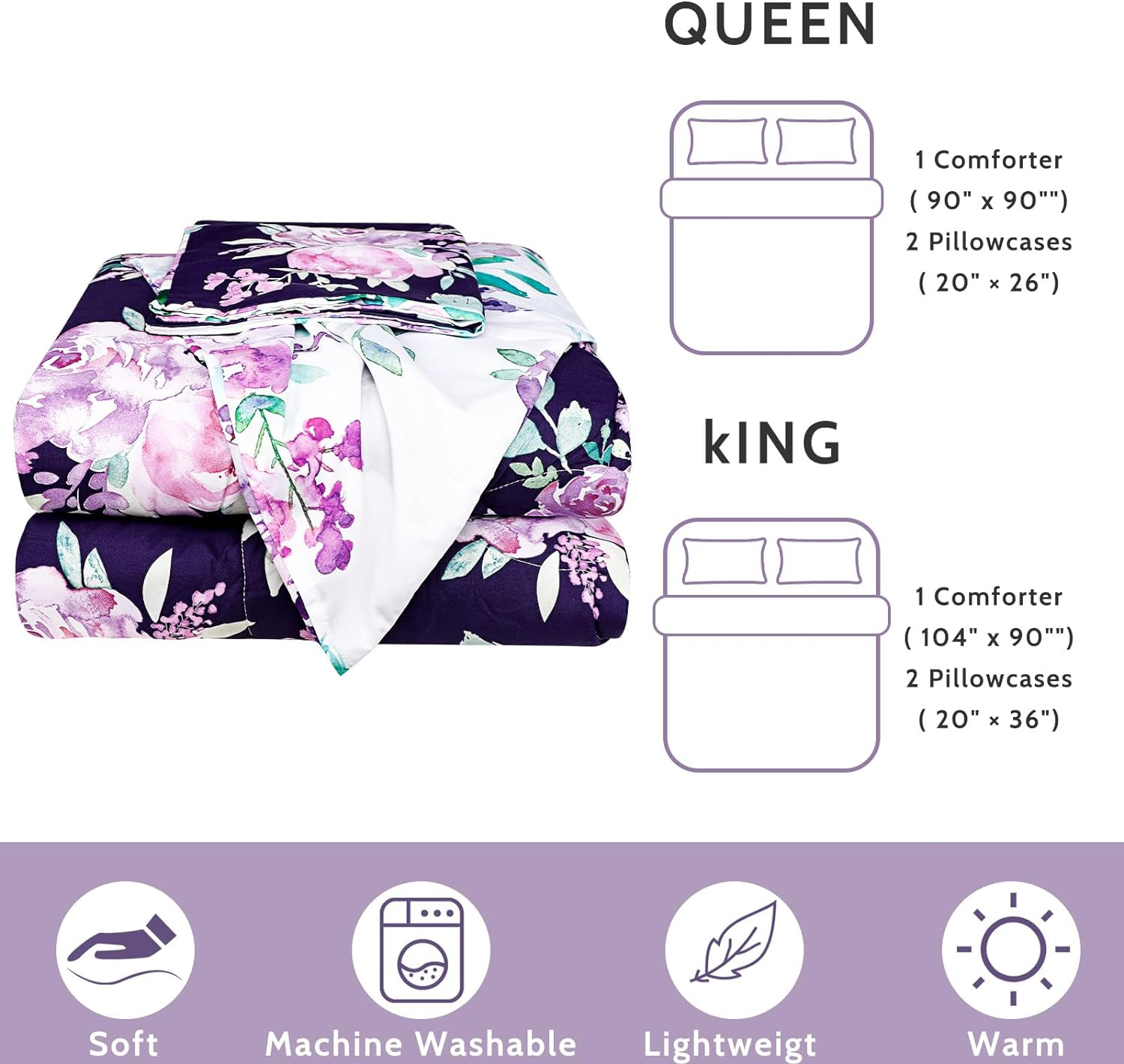 TANOFAR Queen Comforter Set, Purple Bedding Comforter Sets, All Season Bed Set Queen Size, 3 Pieces, 1 Soft Reversible Flowers Comforter and 2 Pillow Shams, Cozy & Lightweight image number 3