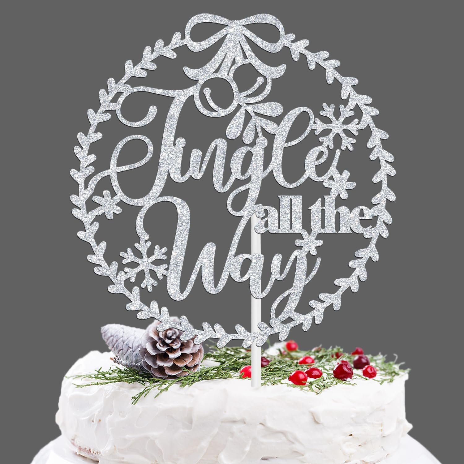 Jingle All the Way Cake Topper, Merry Christmas, Santa Cake Decor, Joyeux Noel Happy New Year Winter Christmas Holidays Eve Party Decoration Supplies, Silver Glitter image number 1