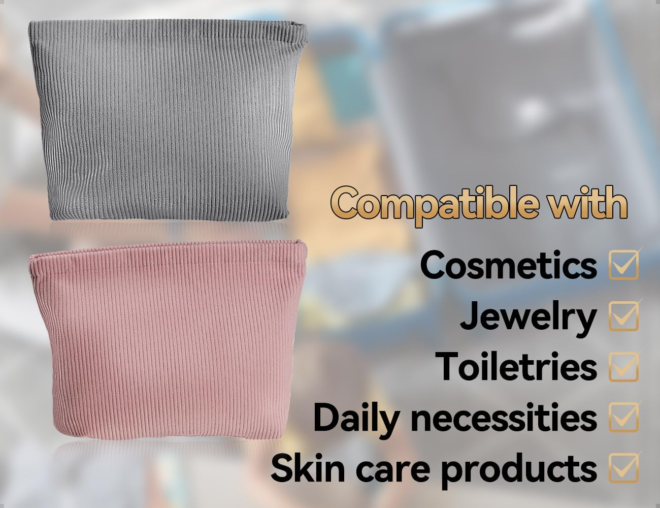 Emezddo Pack of 2 Cosmetic Bags, Portable Corduroy Women Girls Makeup Bag, Small Travel Make up Bag with Zip, Used for Travel, Home, Office, Skincare (Grey and Pink)