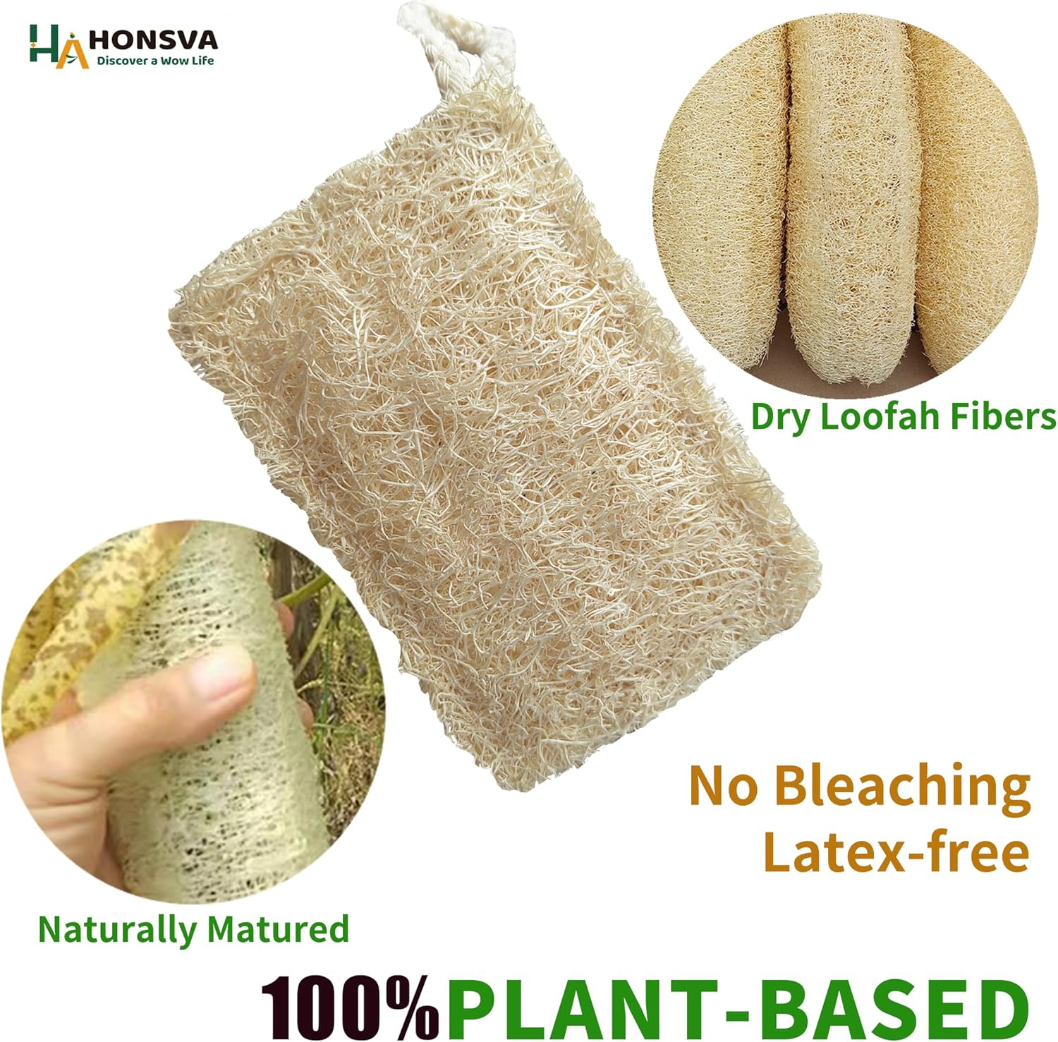 HONSVA Natural Loofah Kitchen Sponge (6 Pcs) No Scratch Brush for Dishwashing, 100% Plant Fibers Vegetable Scrubber, Zero Waste and Eco Friendly Loofa, Rectangular, Large image number 2