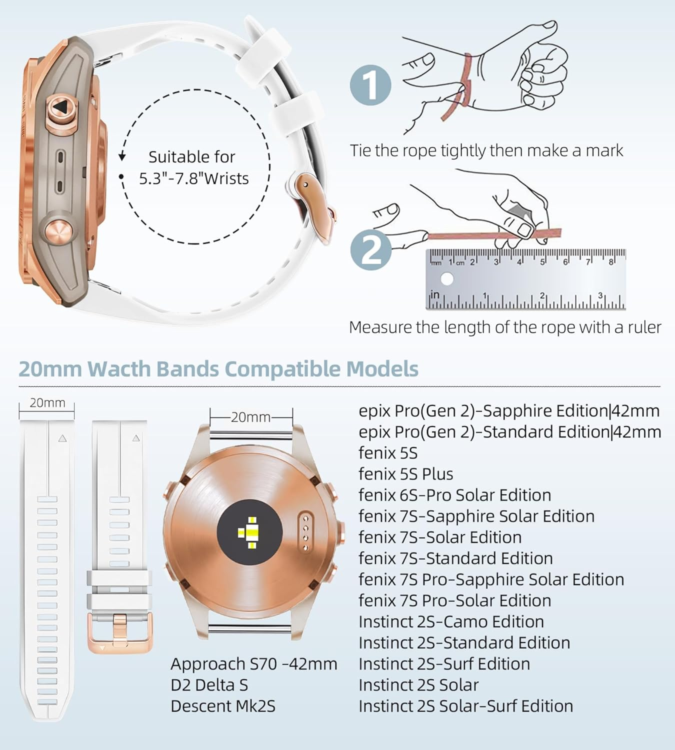 PCAVO Quickfit 20Mm Watch Band for Garmin Fenix 5S 6S 7S Pro Solar - Rose Gold Buckle - Rugged Silicone Wristband Replacement for Garmin Epix Pro Gen 2 42Mm Descent Mk2S/3/3I