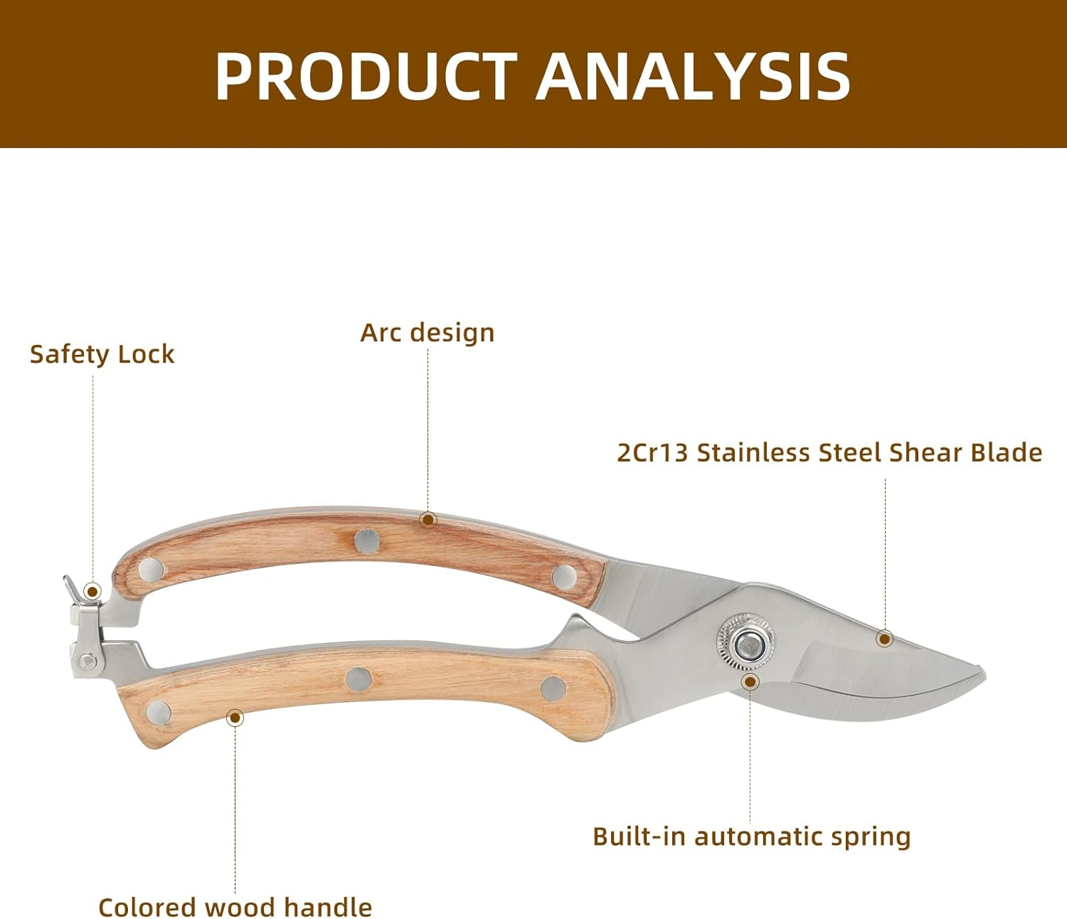 Wooden Pruning Shears for Gardening, 3/5-Inch Cut Capacity Garden Shears, Gardening Shears with Sharp Blades and Rustproof Stainless Steel image number 2