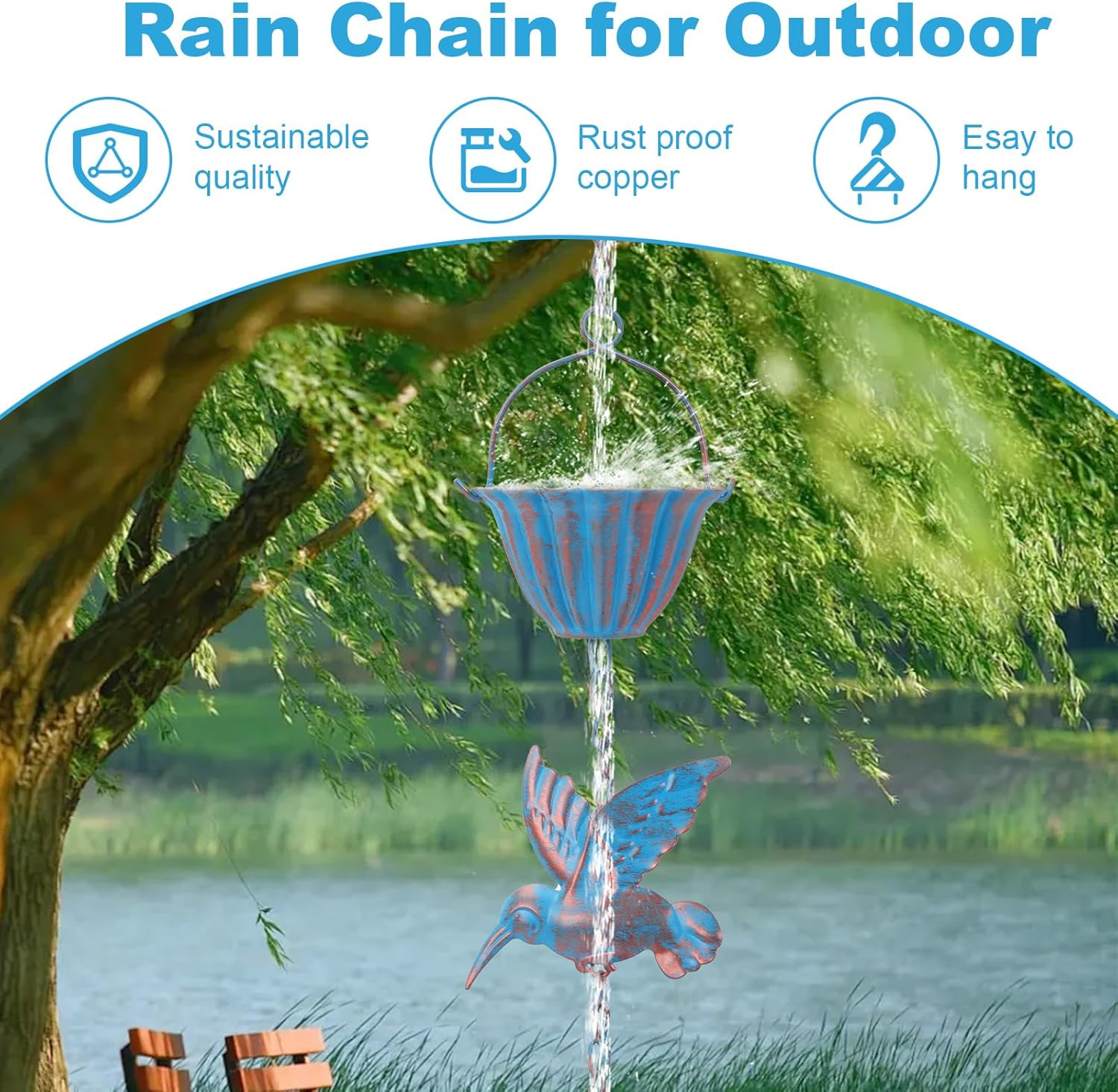 Ruaizel 7.8FT Rain Chains for Gutters, Hummingbird Rain Catcher, Outdoor Rain Chain,Metal Catcher Chain for Outside, Hanging Decorations for Patios (Blue) image number 1
