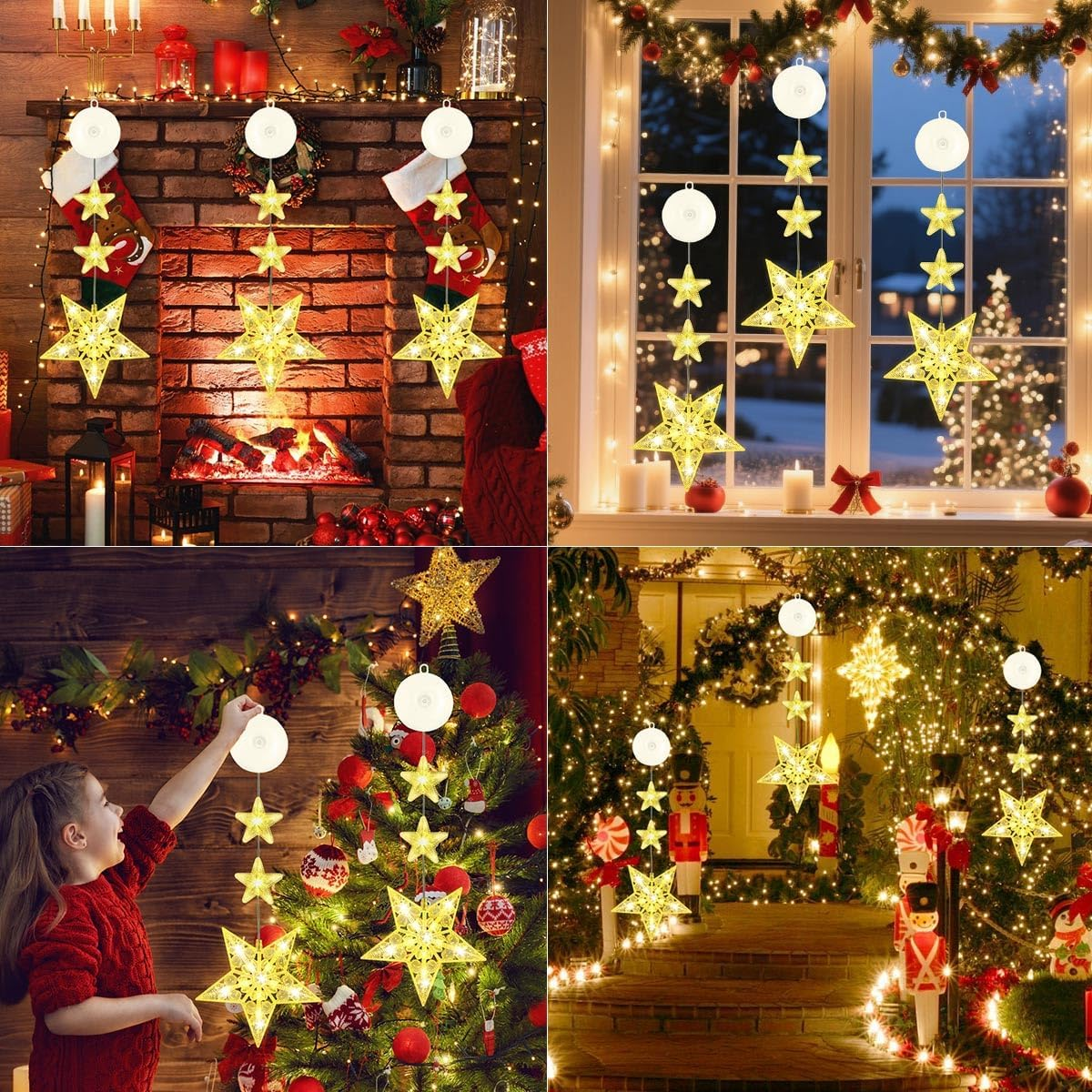 LGZIN Christmas Lights Window Indoor, Pack of 3 LED Stars Christmas Lights, Christmas Decoration Window Indoor Fairy Lights with Suction Cup, Christmas Decoration Window Illuminated Warm White For image number 3