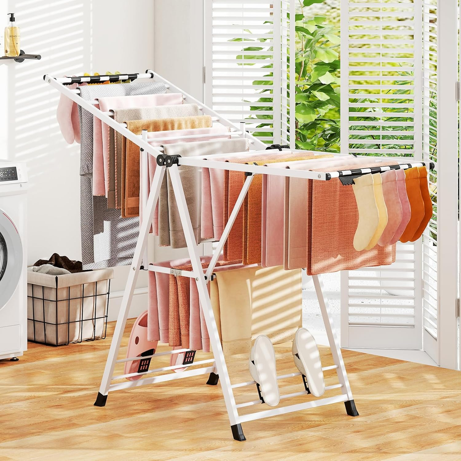 Giantex Clothes Drying Rack, Foldable Metal Laundry Drying Rack with Height Adjustable Wings, 16 Drying Rails, Sock Clips & Shoe Racks, Freestanding Gullwing Clothing Stand (White, 1.6M) image number 6