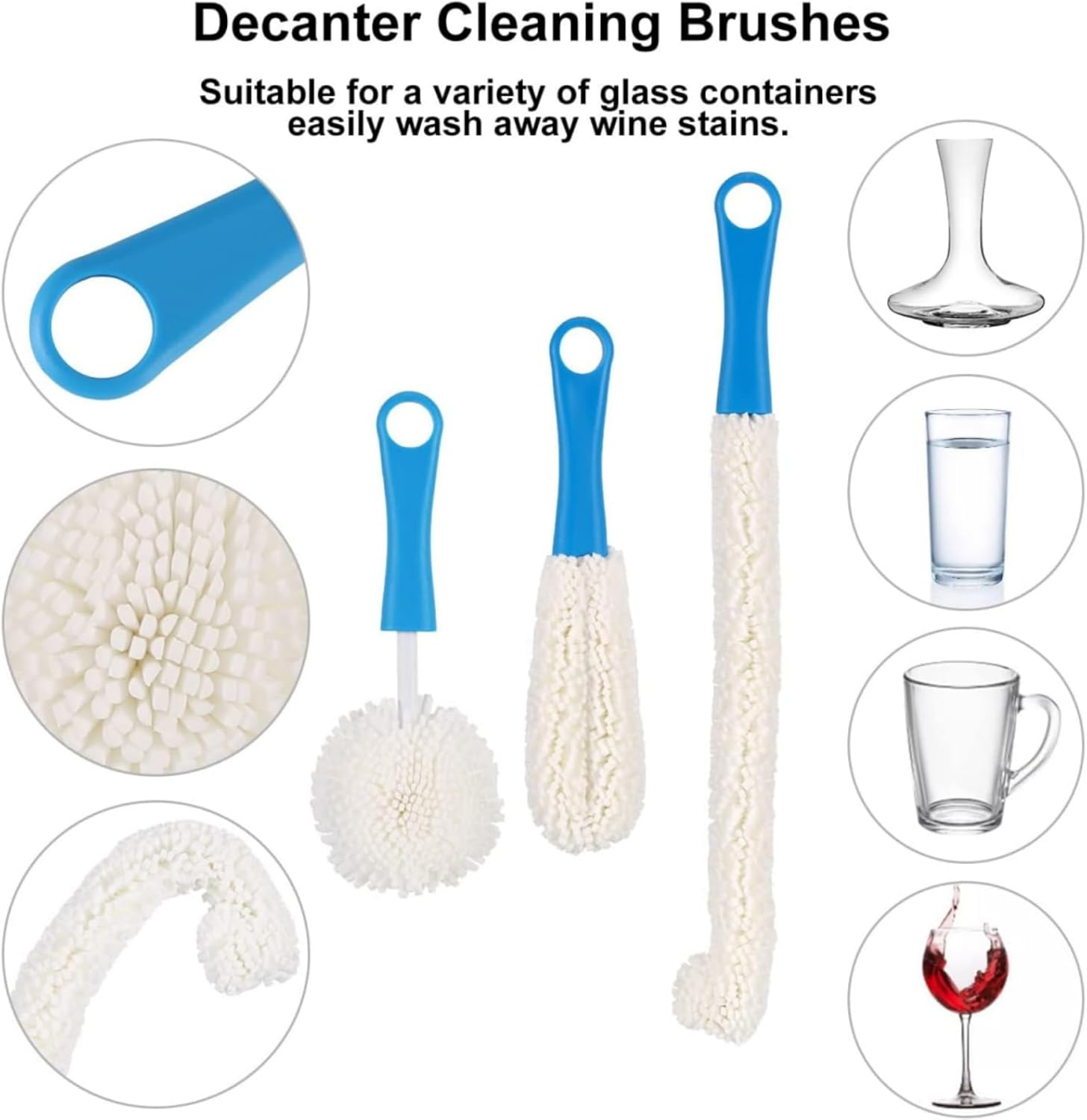 MILIOG 3PCS Decanter Cleaning Brush ，Flexible Wine Glass Brush Set for Narrow Neck Bottles, Goblets, Champagne Flutes - Non-Scratch Household & Bar Tools image number 1
