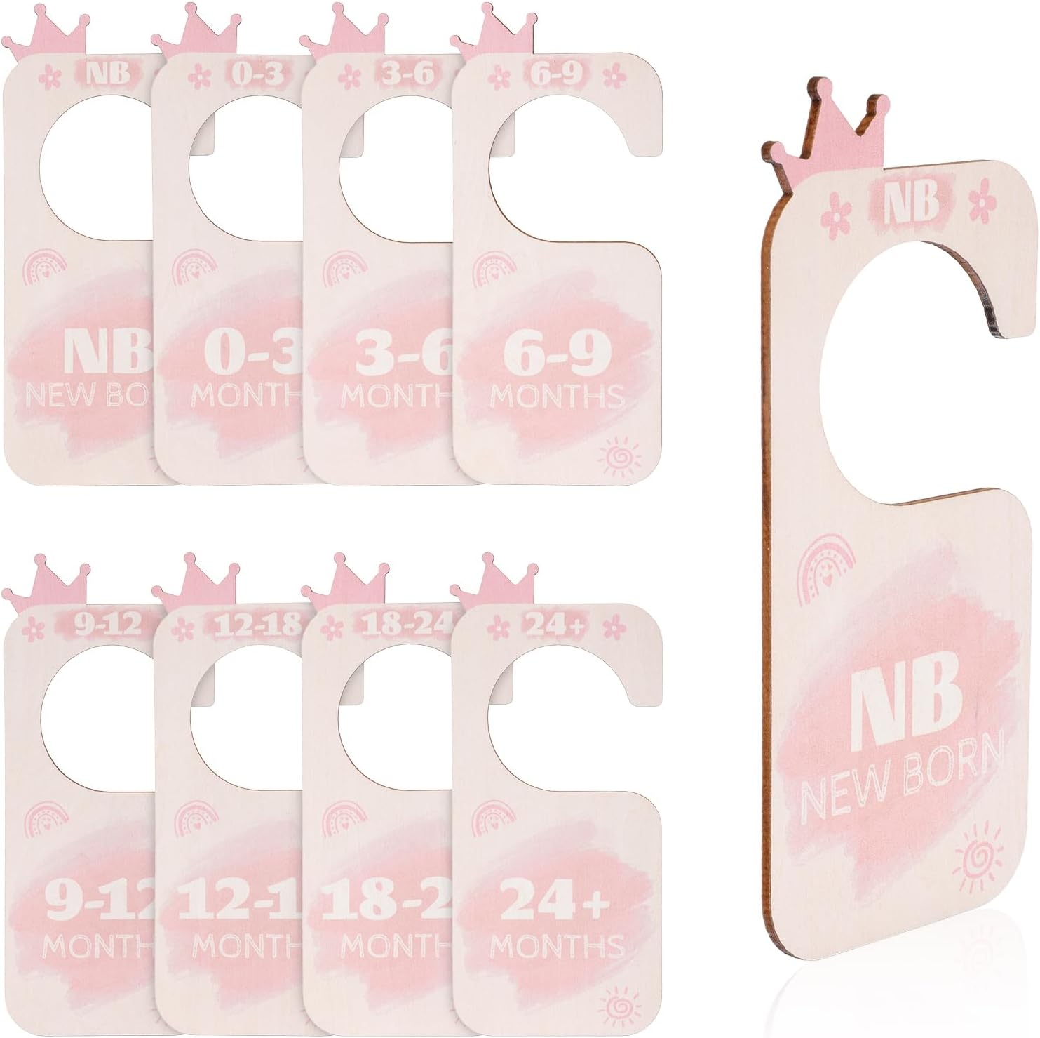 8Pcs Baby Closet Dividers, Basswood Baby Wardrobe Organizer Double-Side Baby Hanger Dividers by Clothing Sizes Baby Nursery Hanger Dividers for New Mom Dad Parents (Crown)