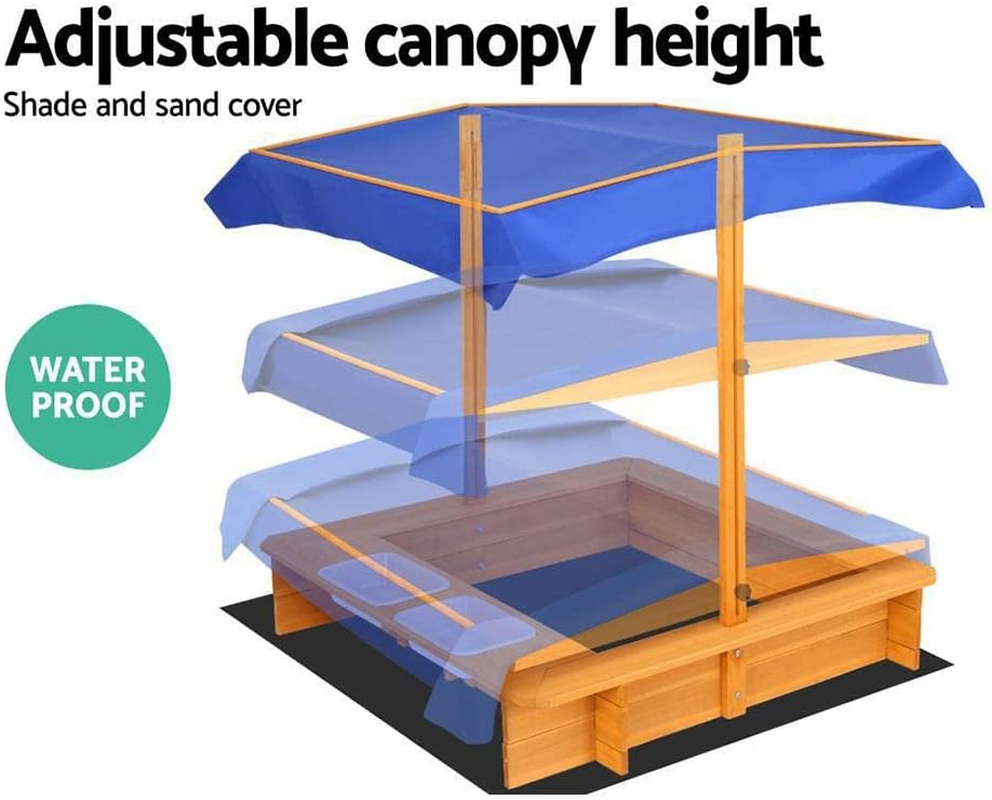 Keezi Kids Sandpit, Wooden Water Table Sand Pit Play Toys Sandcastle Garden Patio Beach Activity Outdoor Toy Games, with Adjustable Canopy Ground Sheet 2 Basins Nature Wood image number 2