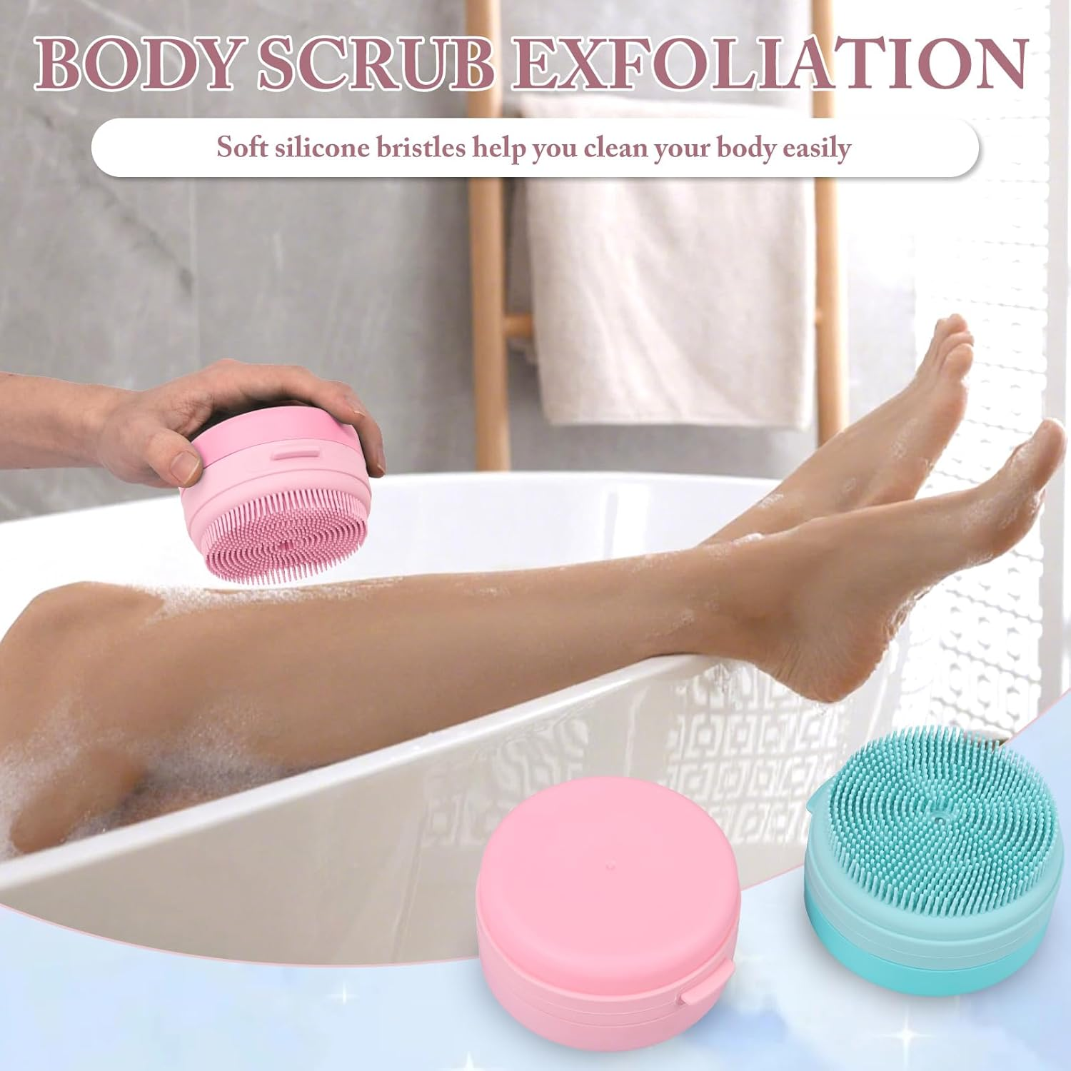 DJAPWPX 2/3 Pcs Silicone Body Scrubber Soft Silicone Shower Brush with Lanyard Safe Body Scrubber for Sensitive Skin Children Women Men (1 Pink+1 Blue) - 3 Blue image number 2