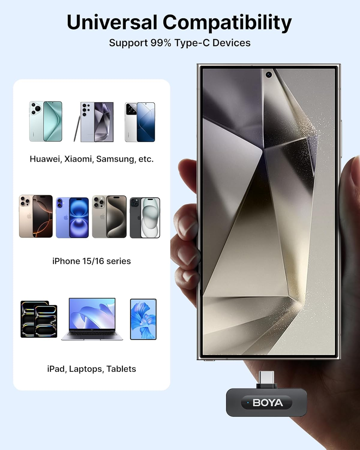 BOYA V3 Wireless Lavalier Microphone for Iphone 16/15&Android, 100M Wireless Range, All-In-One, Noise Reduce, 36H Battery Life&Charging Case for Vlogging Video Youtube Podcast Tiktok(Usb-C) image number 3