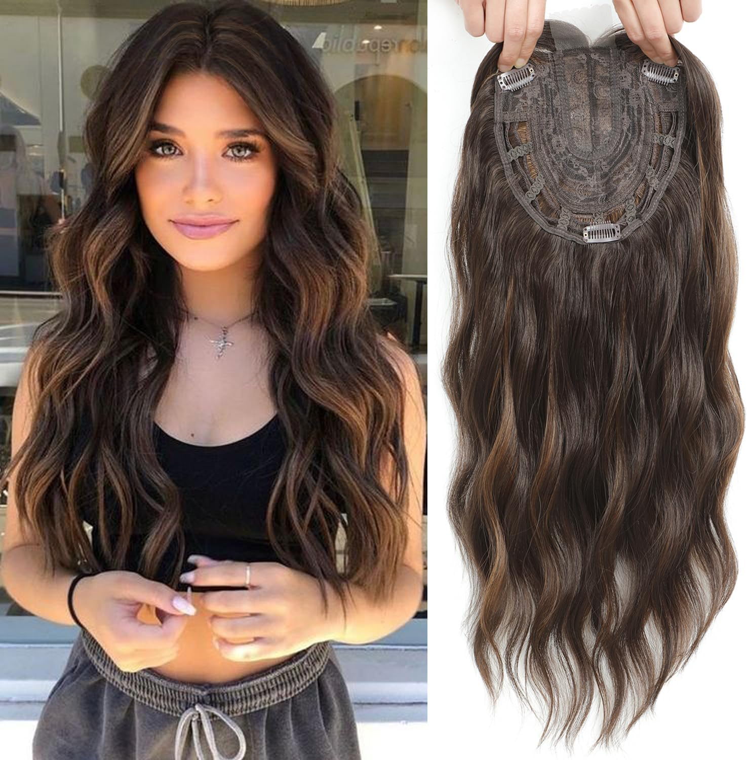 VEGALILY 20Inch Hair Topper, 7X7" Base Size Wavy Hair Topper for Women, Handmade Natural Hairline Hair Toppers Fake Hairpieces for Women (Brown with Highlights)