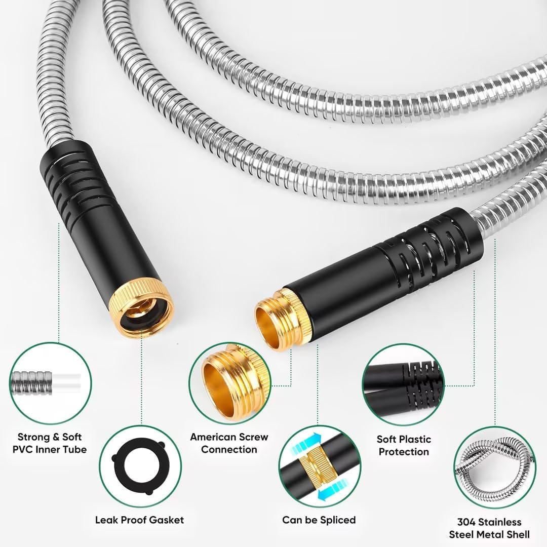 Garden Hose 50Ft, Heavy Duty Stainless Steel Water Hose with 10 Functional Nozzles, No Kink, Lightweight and Flexible, Easy to Use and Store, Strong and Sturdy, Suitable for Yard and Lawn image number 2