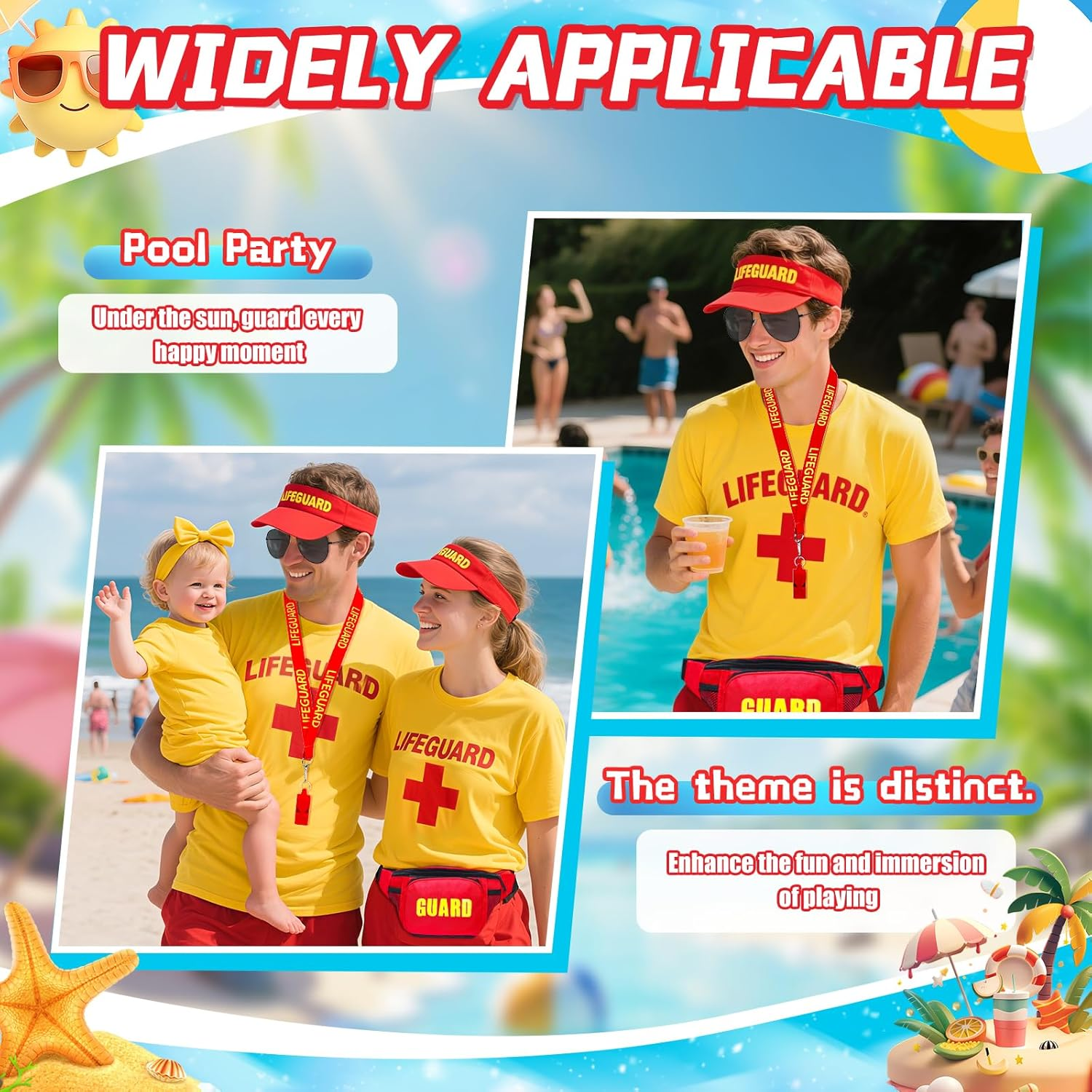5Pcs Life Guard Costume Set, Lifeguard Fancy Dress Include T-Shirt Hat Fanny Pack Whistle Sunglasses Beach Costume Acccessories for Women Men Pool Party Halloween Cosplay(M)