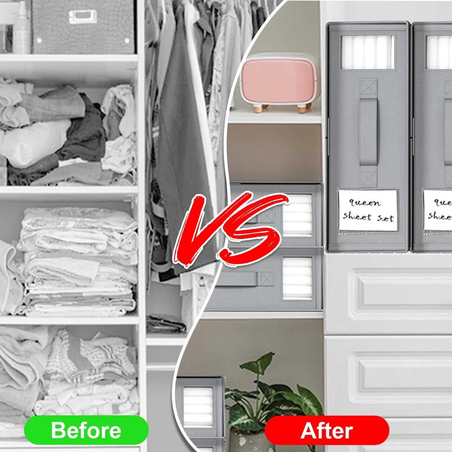 BDZBREN Bed Sheet Organiser and Storage, Foldable Bedsheet Organizer for Linen Closet, Sheet Set Organiser with Window XL (Queen & King Size) Organizing Bedding Container Box (4 PACK, Grey) - Grey image number 6