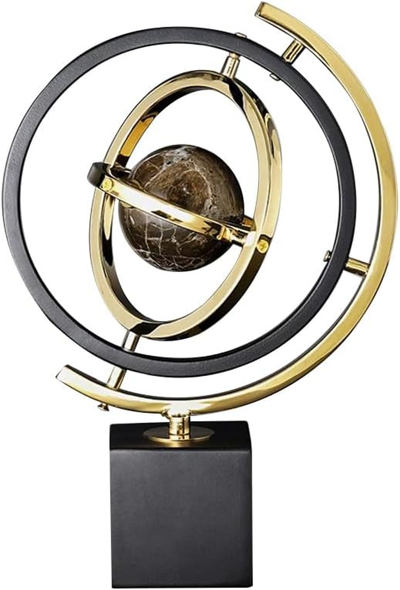 Decorative Statues, Modern Orbital Planet Sculpture Gold and Black Metal round Frame. Alloy Base. Flexible Rotating Desktop Abstract Globe Ornament. image number 2