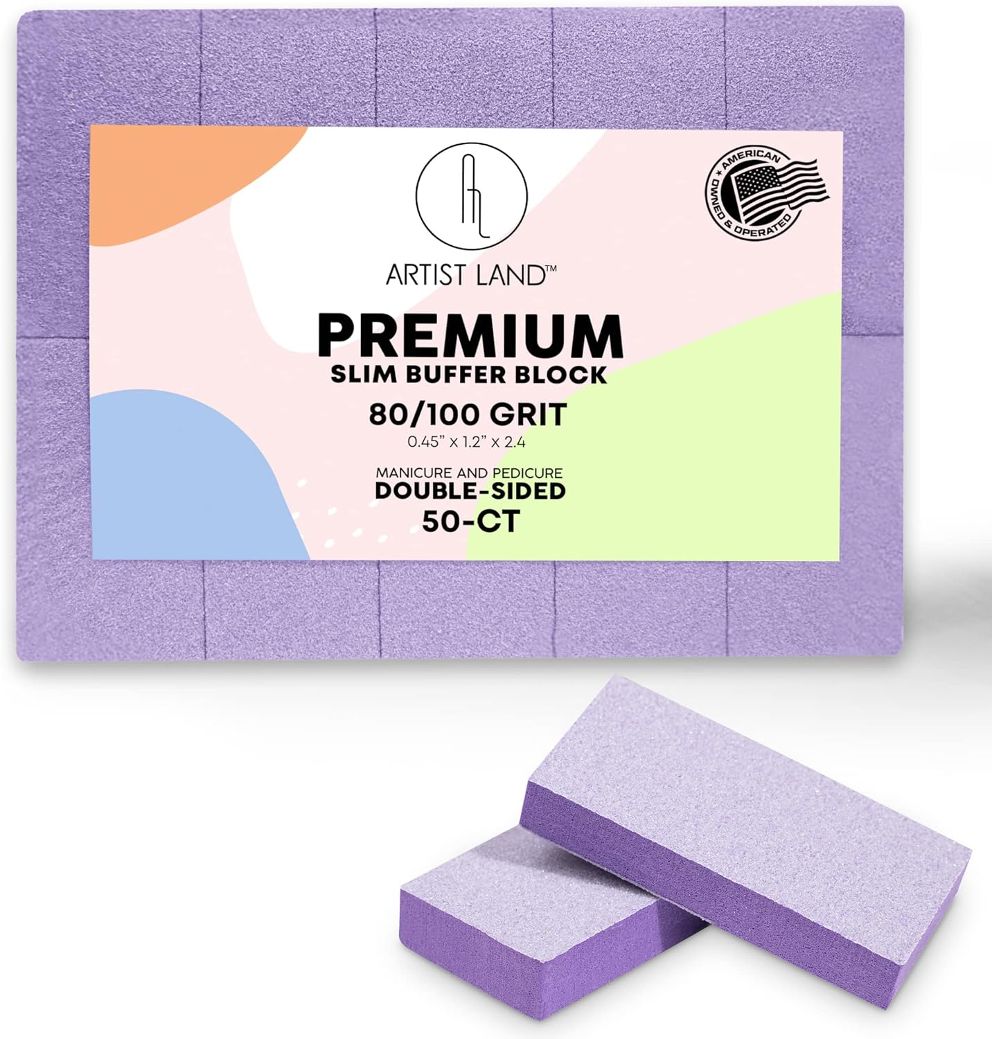 Artist Land Slim Purple Buffer Set &ndash; (80/100 Grit) - 50 Ct- Professional Grade Salon Quality Nail Buffing Blocks Pack for Pre-Application of Polish, Gel, Acrylic, Double-Sided Nail Buffer Blocks image number 1