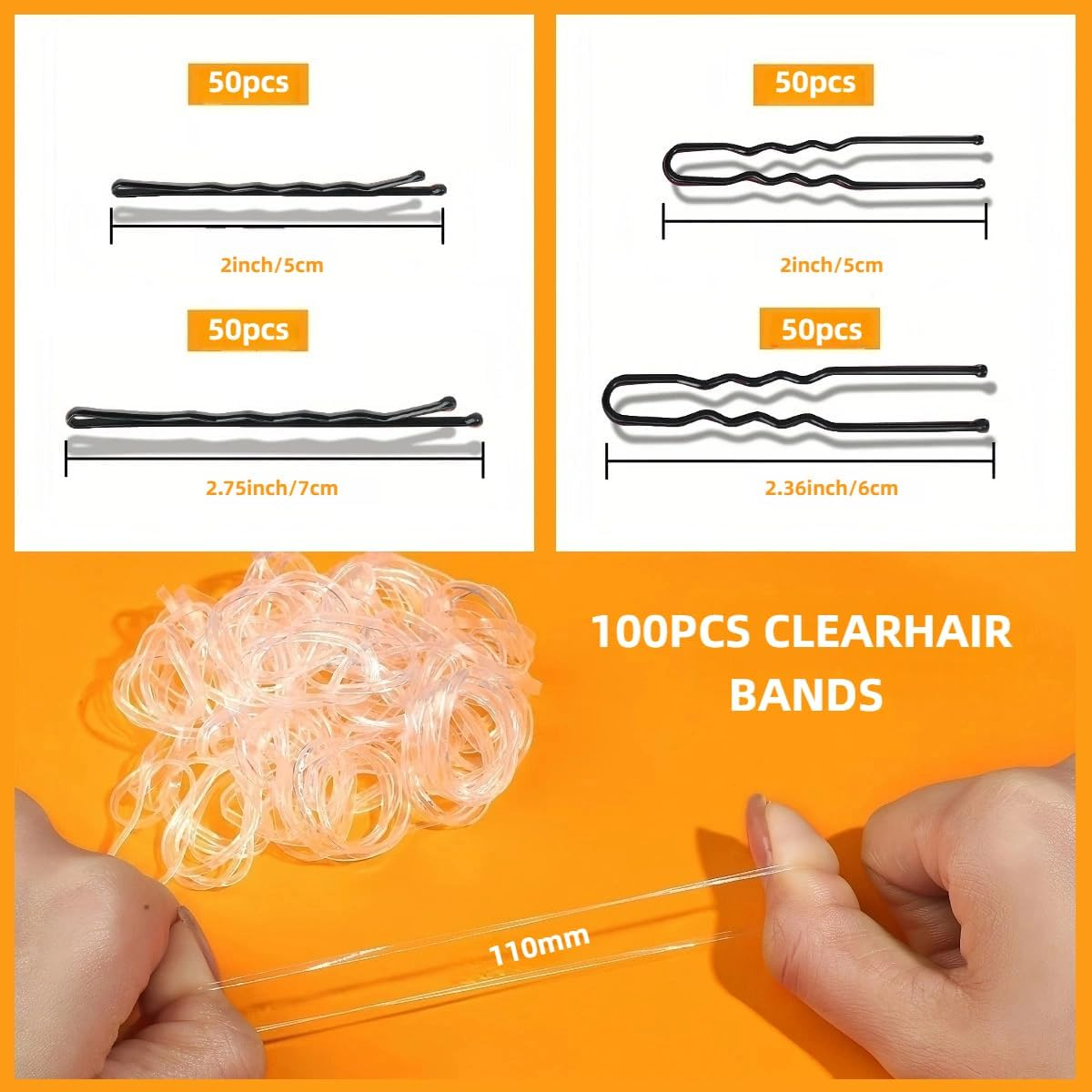 Hair Pins, Black, U-Shaped, Hair Pins, Small Bobby Pins Set with 100 Transparent Rubber Bands and Storage Box, Multiple Sizes, Suitable for Many Occasions image number 6