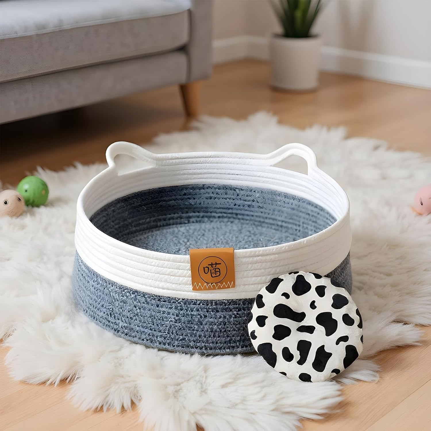 Cat Basket Bed | Cotton Rope Pet Supplies with Mat | Cute Kitten Bed Cat Basket | for Kitten Bunny Small Dog Pet Animal Toy Snack Storage Indoor Bedroom Living Room Dorm image number 7