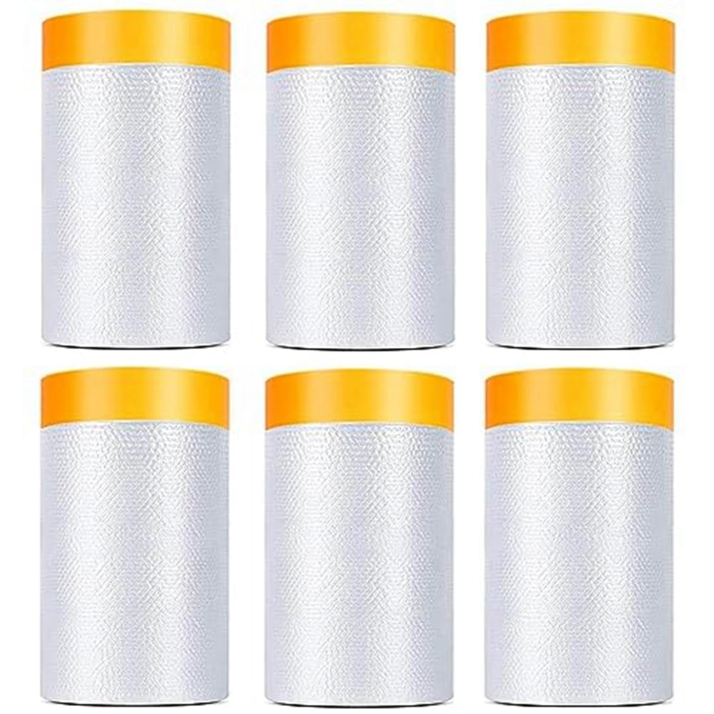 6 Pack Tape and Drape, 1.8X62.3 Ft Pre-Taped Masking Film for Auto Painting Covering, Plastic Pre-Adhesive Film Easy to Use image number 1