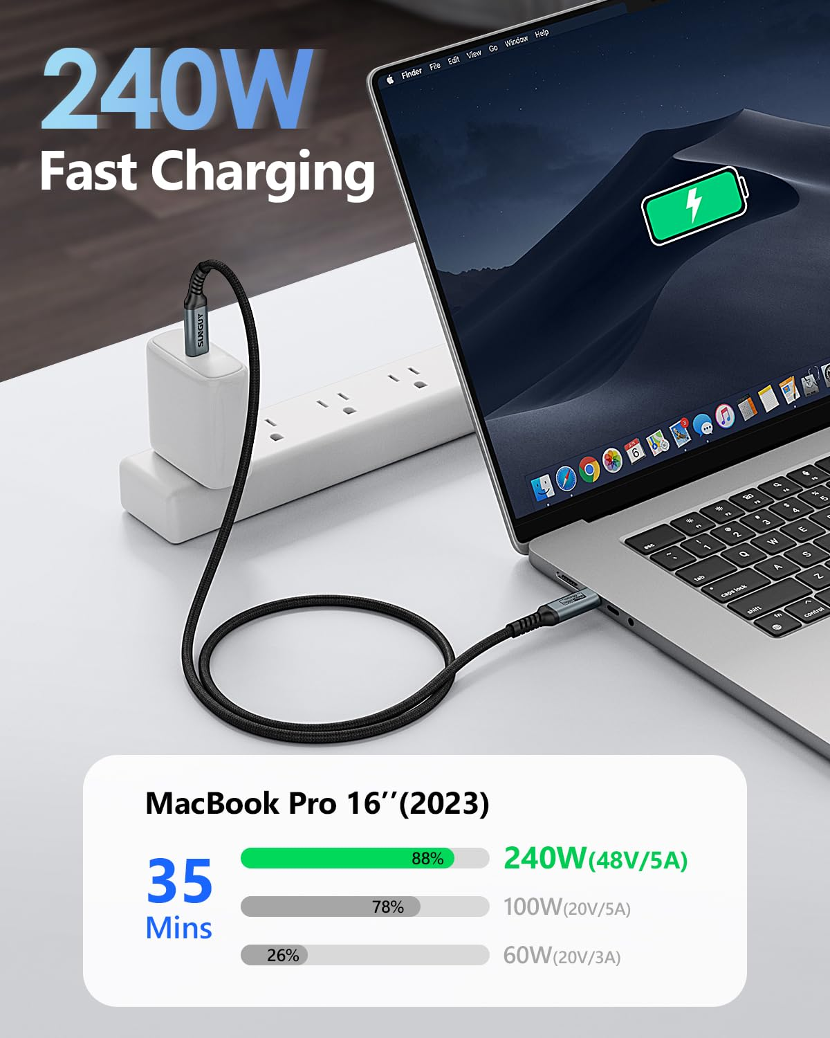 SUNGUY USB C to USB C Cable 3M/10FT, 240W Fast Charging 20Gbps Highspeed Data Transfer 4K Video Output Monitor Cable for I-Phone 15/16 Series, Macbook Air/Pro and More Type-C Devices image number 2