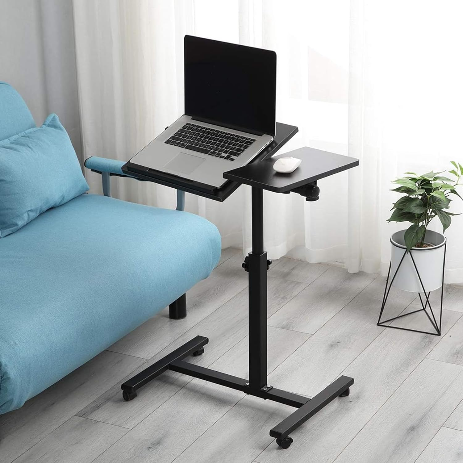 Rolling Laptop Stand Desk, Adjustable Height Mobile Laptop Cart Desk with Wheels, 60 * 35 * 90Cm, Black ﻿