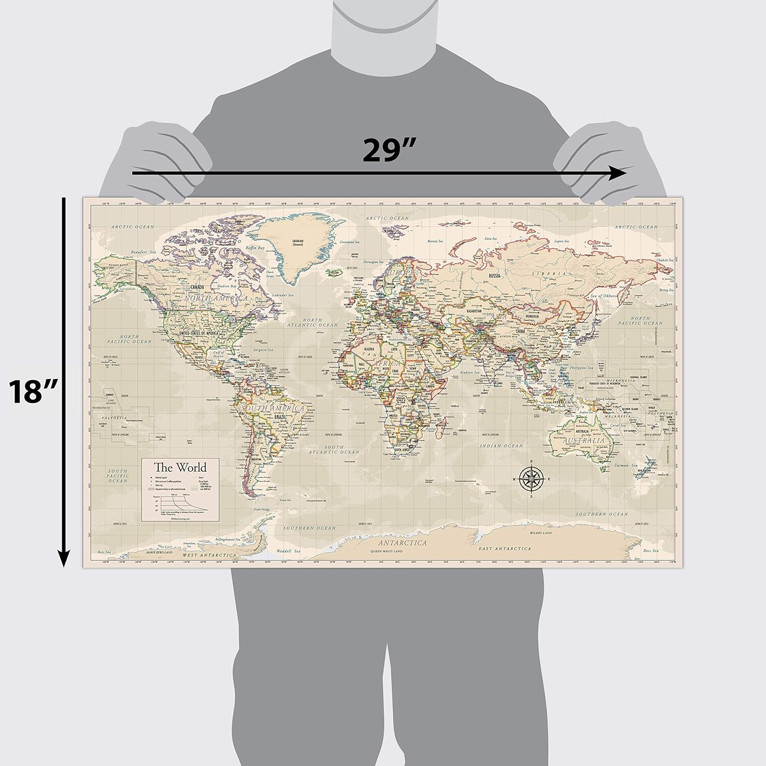 Laminated World Map Poster - Wall Chart Map of Earth - 18" X 29" (Tan) image number 3