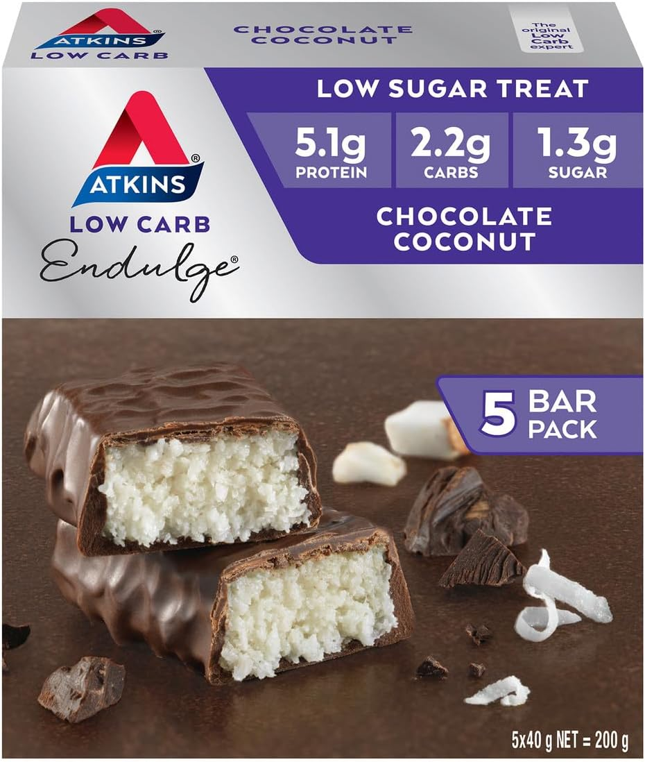 Atkins Endulge Chocolate Coconut Bars | Keto Friendly Bars | 5 X 40G Low Carb Coconut Bars | Low Carb, Low Sugar, High Fibre | 5 Bar Pack