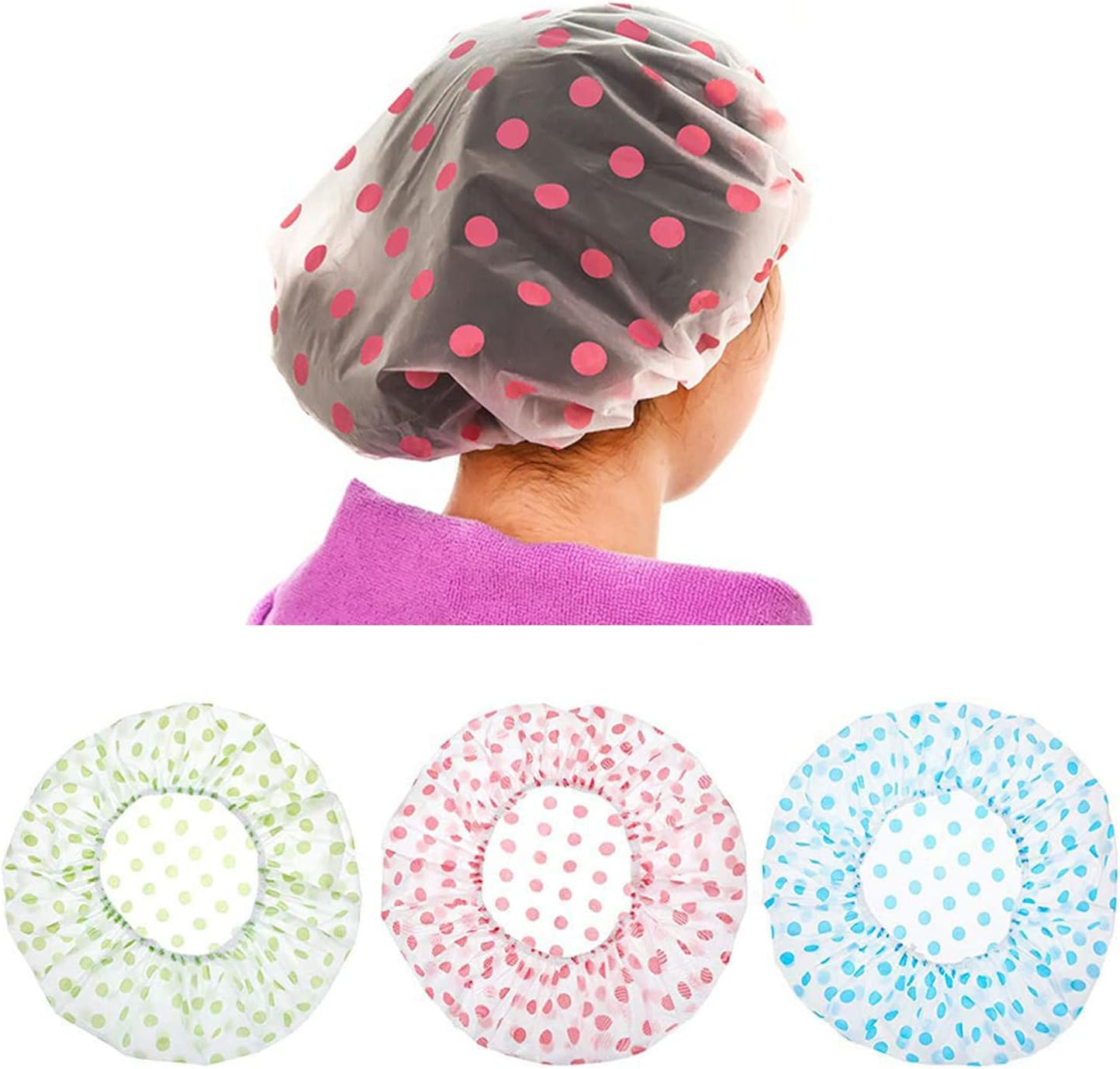 3 Pieces Elastic Shower Cap, Reusable Waterproof Shower Caps, Plastic Shower Cap for Girls, Women, Shower, Spa, Salon, Main Use (Blue, Yellow, Red) image number 5