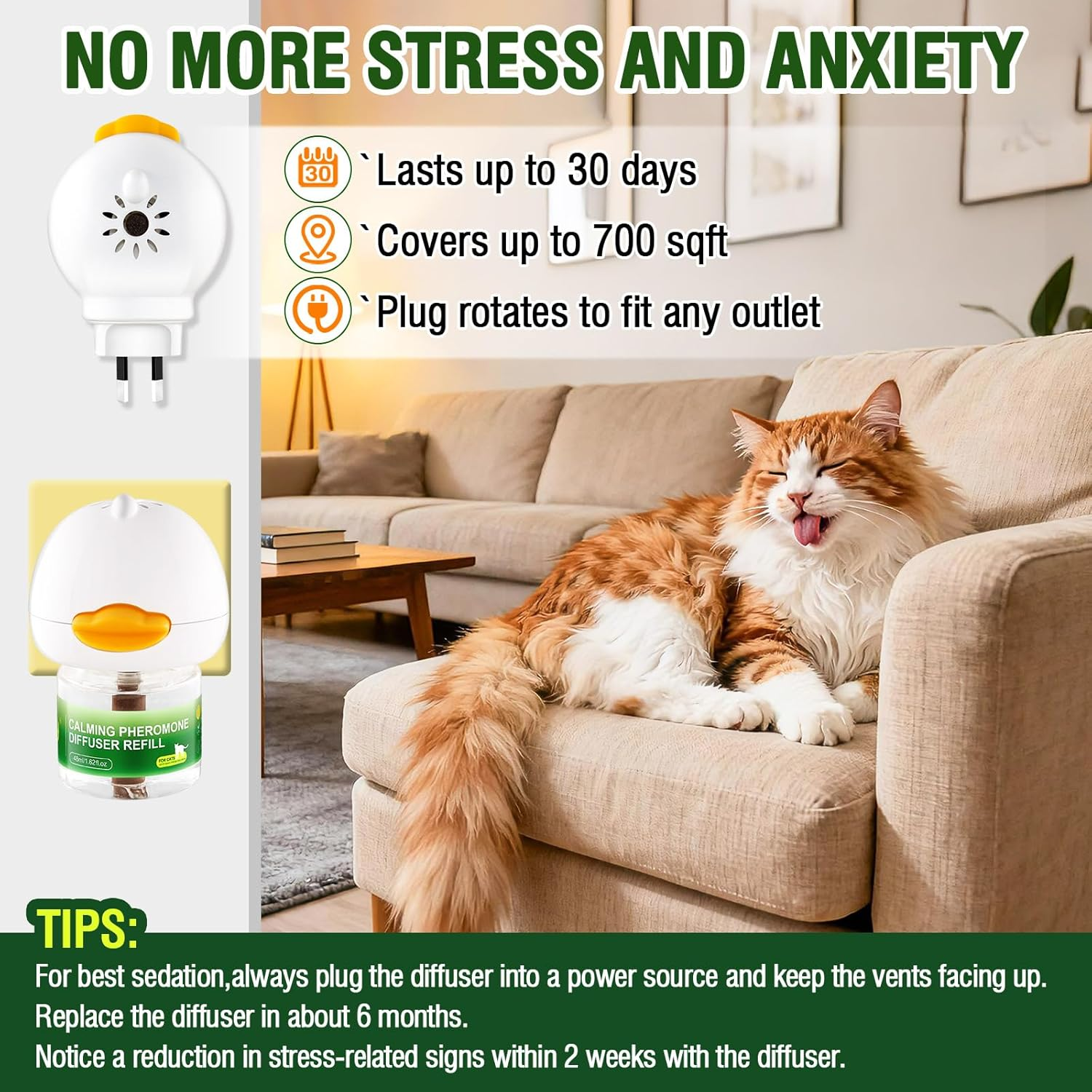 Cat Calming Pheromone Diffuser and Spray,Natural Stress-Reducing Formula for Cats,Promote Relaxation and Calmness,Easy to Use,Cat Stress Liquid,Au Diffuser(2 Refills+1 Spray)