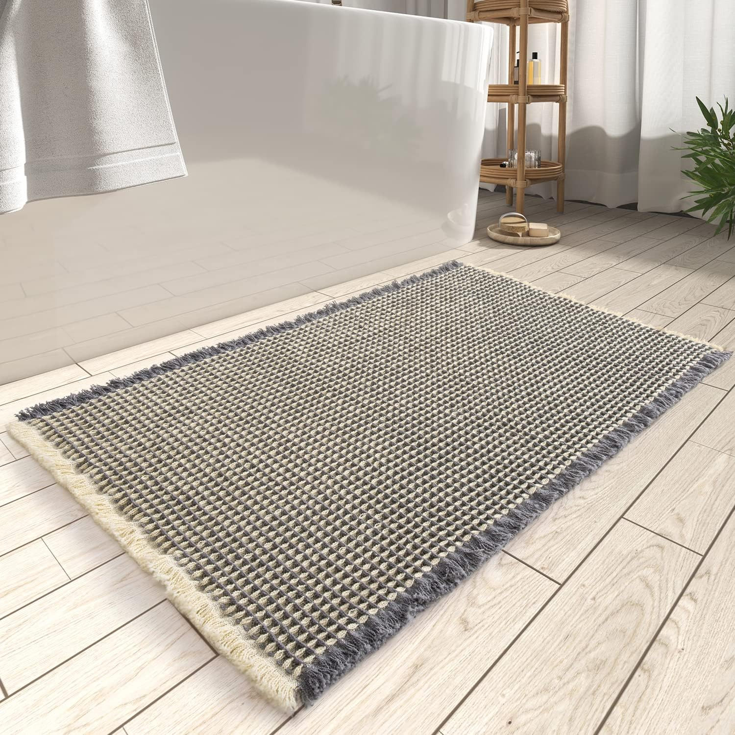 AMOAMI Upgraded Waffle Bath Mat, Super Absorbent Non Slip Bath Mats for Bathroom Floor, Machine Washable Bathroom Rugs with Tassels, Rubber Backed Bathroom Mats, Ultra Soft, 24" X 36", Grey