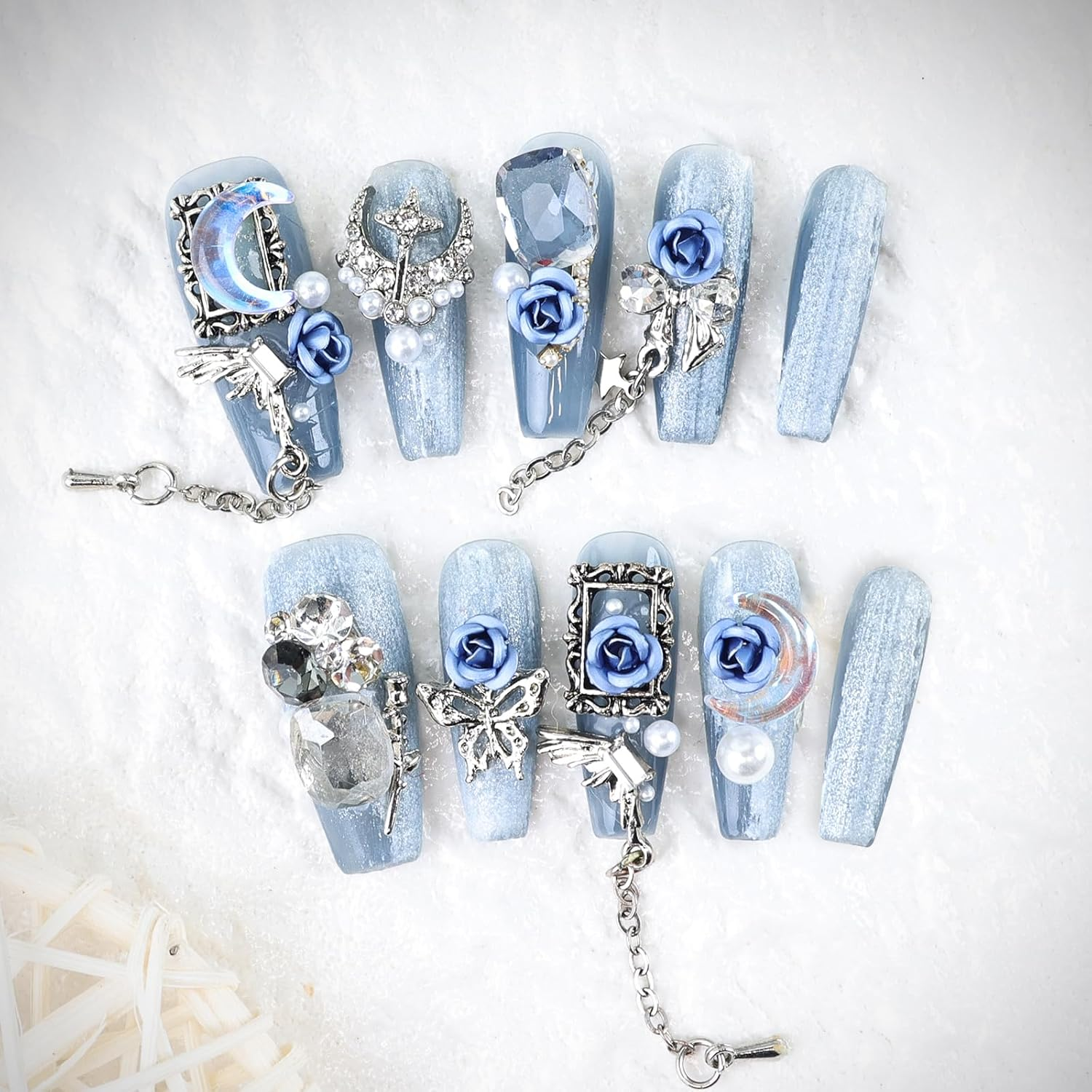 Press on Nails Handmade Long Coffin Fake Nail with Charms False Fingernail Rose Bow Pearl Acrylic Artificial Finger Luxury Glue on Manicure for Women Blue 10 Pcs (M) image number 5