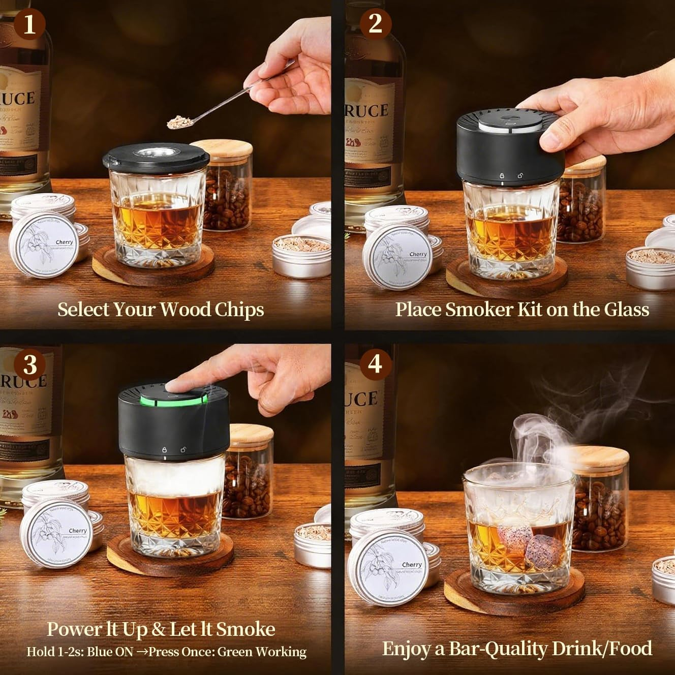 Electric Whiskey Smoker Kit, Rechargeable Built-In Lighter & LED Light, No Butane Needed, 6 Flavored Wood Chips for Cocktails & Old Fashioned Drink, Bourbon Whiskey Gifts for Men Husband Dad image number 4