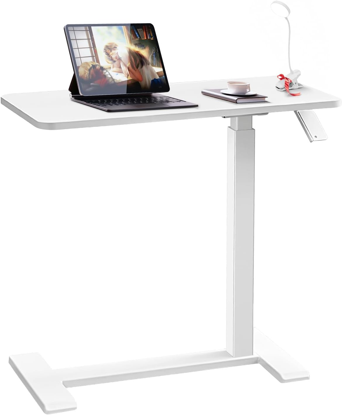 Xmart Adjustable Overbed Table with Wheels, Pneumatic Height Adjustable Mobile Desk, Bed Bedside Table for Laptop, Home, Office, Medical Use - White (36&times;68Cm)