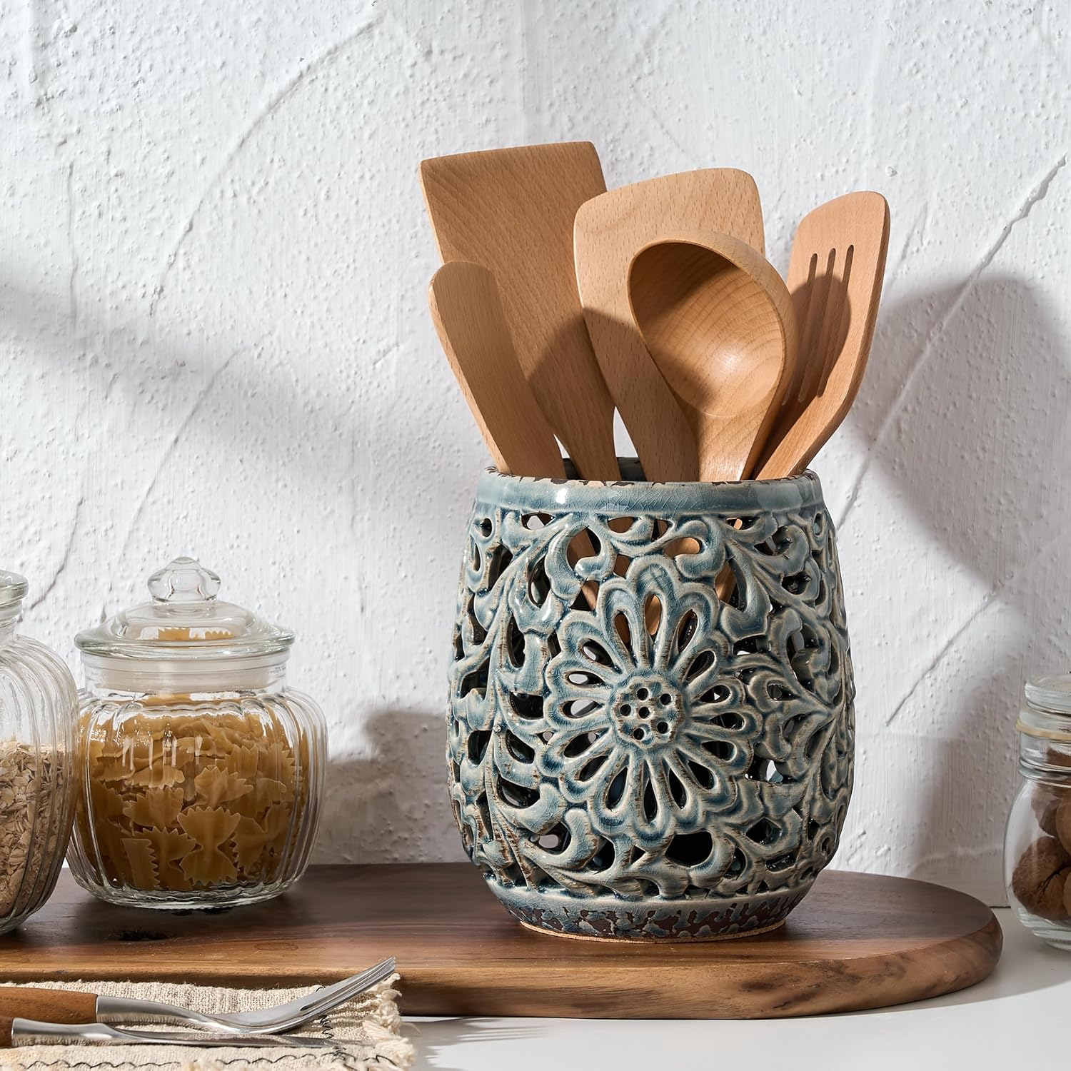 Farmhouse Kitchen Utensil Holder for Kitchen Counter, Ceramic Large Cooking Utensil Crock with Cork Mat, Countertop Cooking Tool Spatula Organizer, Antique Grayish Blue image number 2