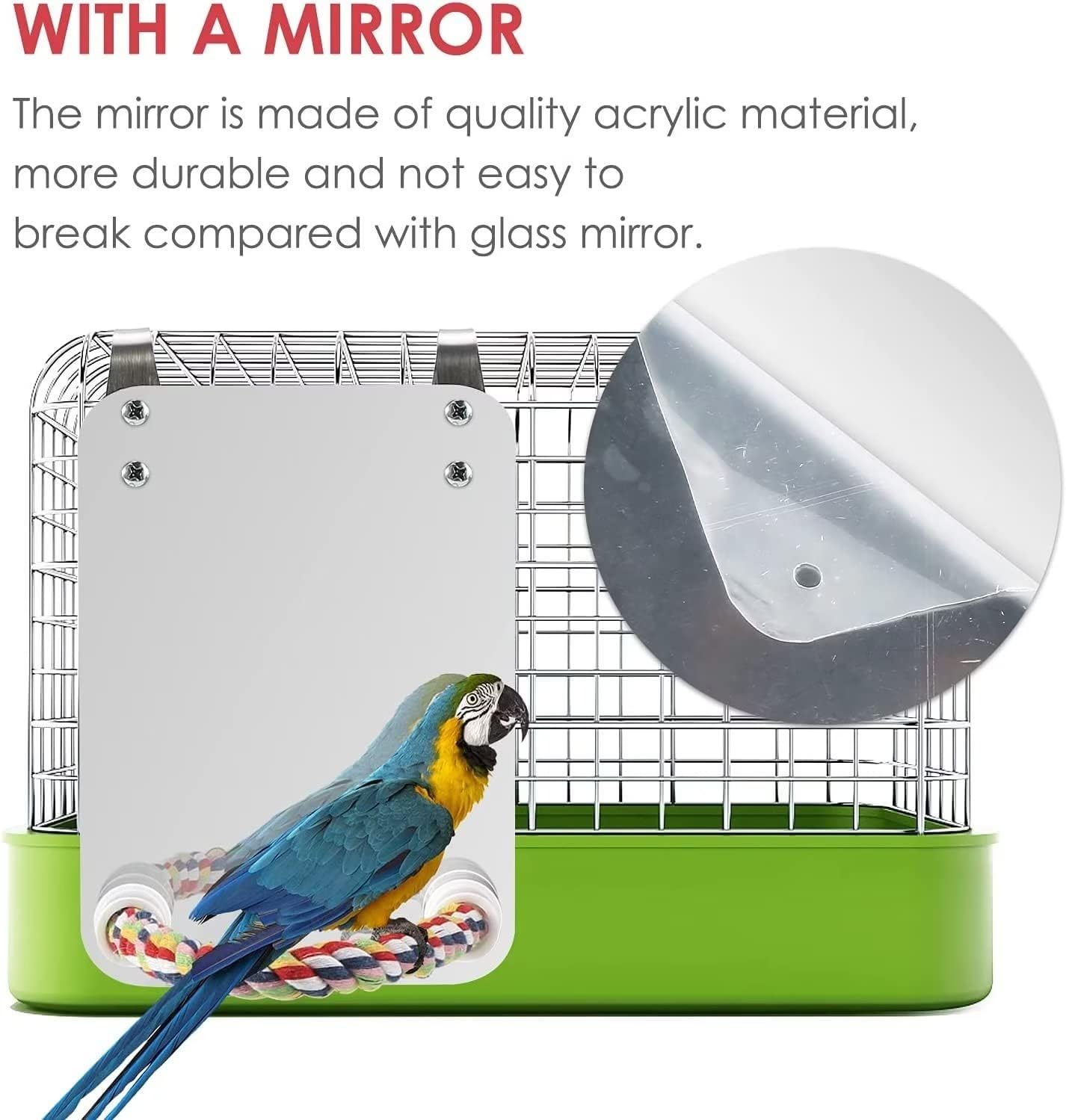 Norhogo Parrot Bird Acrylic Mirror Toy with Perch, Bird Cage Stand, Rope, Mirror for African Greys, Amazons, Parakeets, Cockatoos image number 3