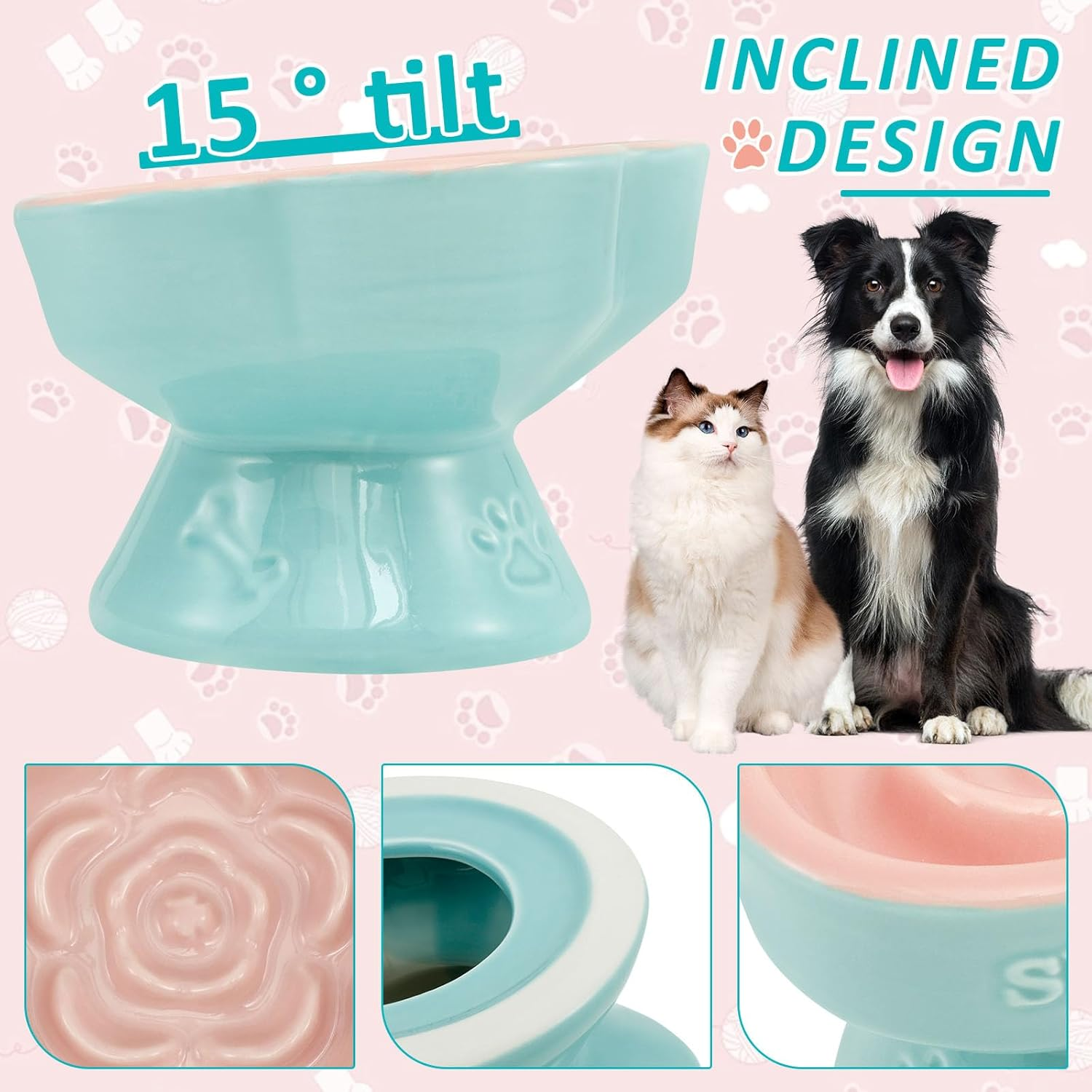 UKQRRTC Raised Cat Slow Feeder Bowl, Ceramic Elevated Cat Food Bowl, Safe Shallow Wide Tilted Cat Dog Eating Bowl, Dog Food Bowl for Cats Dogs Dry and Wet Food image number 2