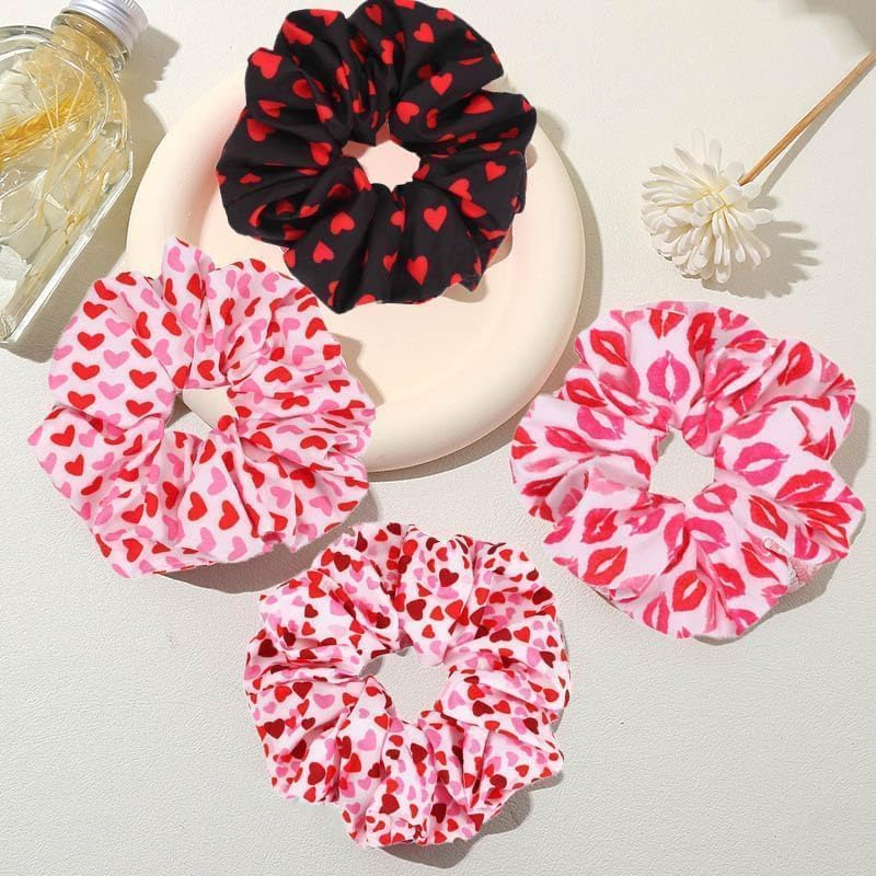 4Pcs Valentine'S Day Heart Hair Scrunchies,Valentines Hair Ties Heart Scrunchies Elastics, Love Red Lips Pink Check Cupid Soft Elastic Bands,Ponytail Holder Accessories image number 5