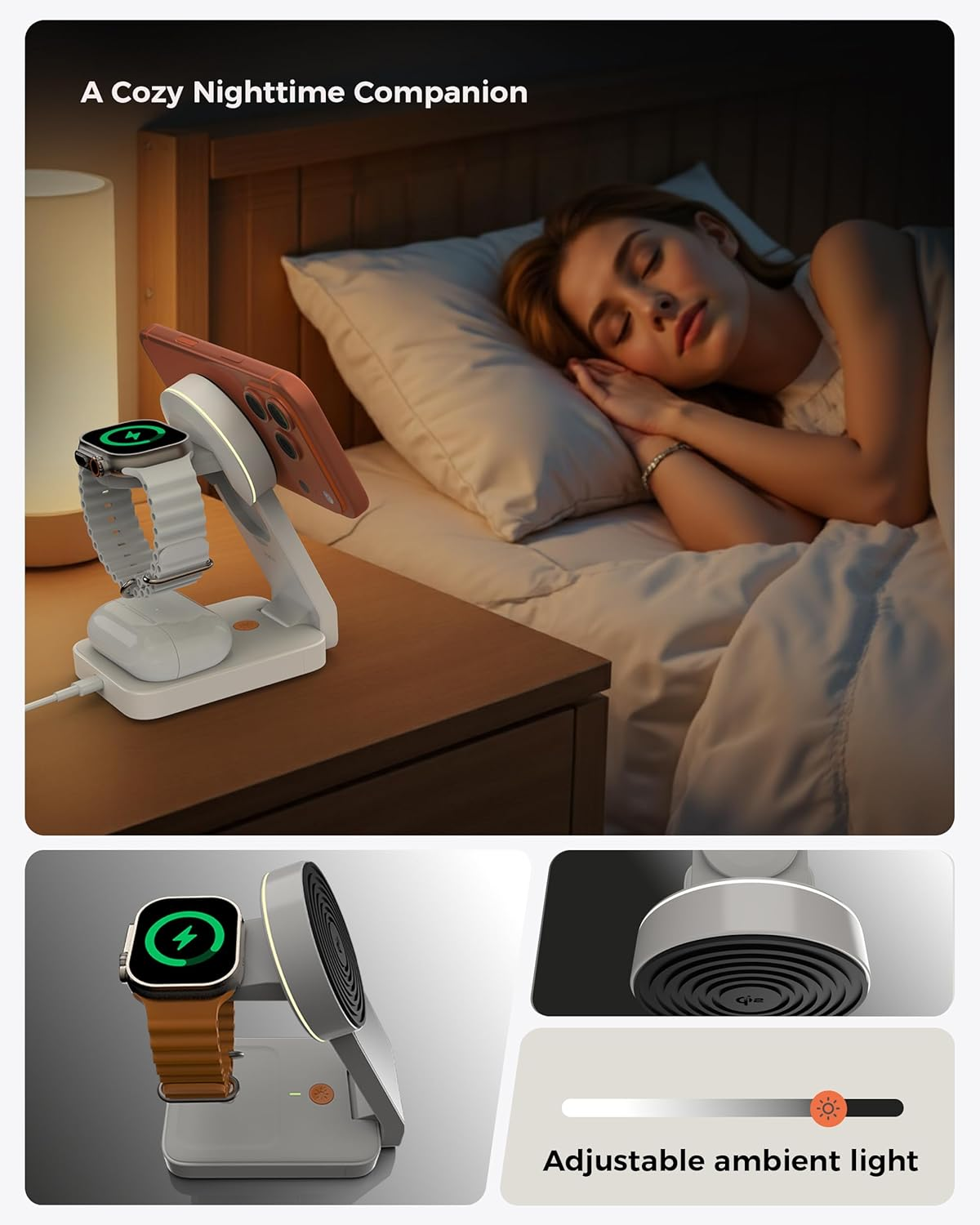 3 in 1 Foldable Mag-Safe Wireless Charger with Adapter &ndash; Magnetic Travel Charging Station for Iphone and Watch, Airpods &ndash; Fast Portable Charging Stand (Qi2 Beige & 30W Gan Adapter) image number 2