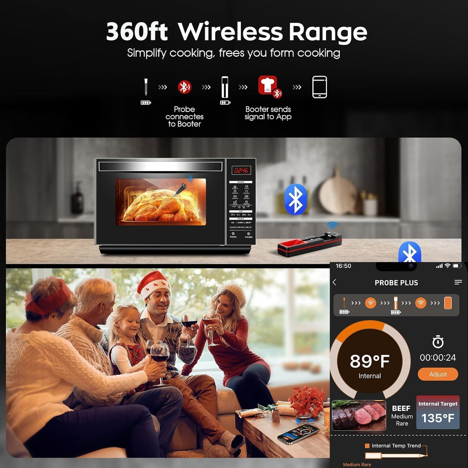 Wireless Meat Thermometer, 360FT Wireless Range Bluetooth Meat Thermometer with Accurate and Fast Readings, Smart Cooking Thermometer for BBQ Kitchen Smoker Rotisserie Grill image number 2