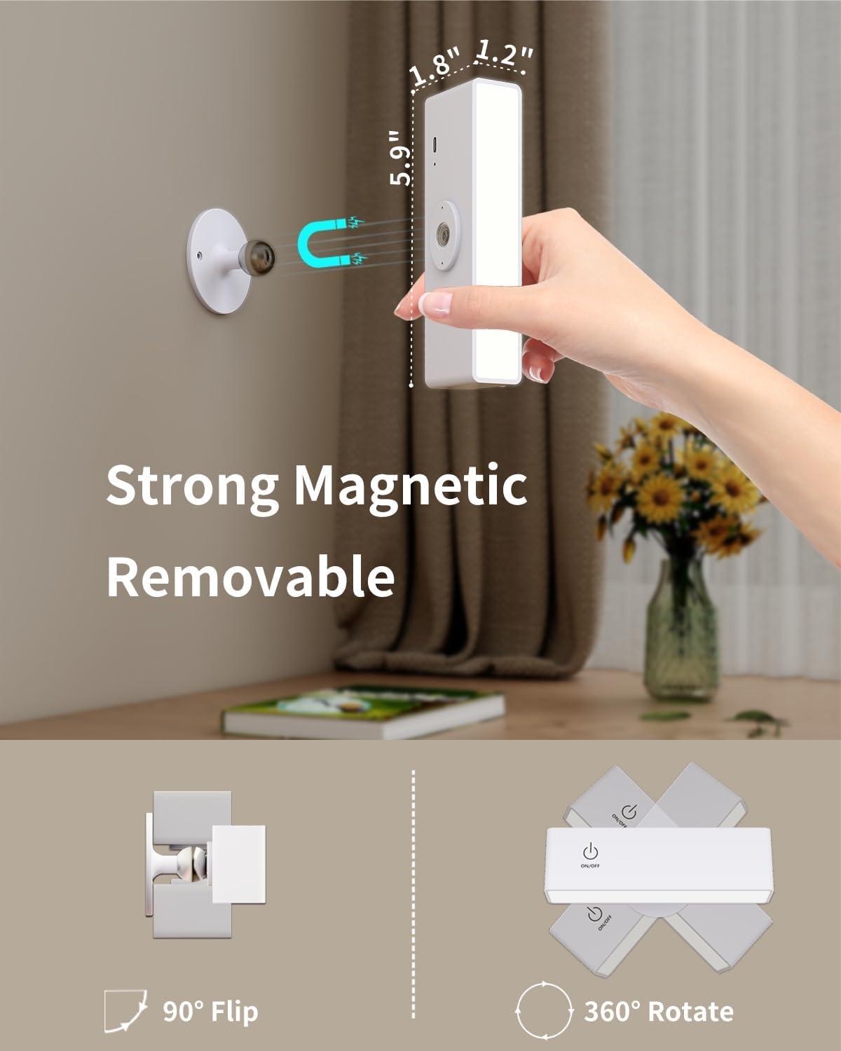 Detarzinled 2Pcs Rechargeable Wall Lights for Bedroom, Wireless Battery Operated Wall Sconces Set of 2, White 360&deg; Rotate Magnetic Wall Mounted Lamp for Bedside, Picture, Vanity image number 2