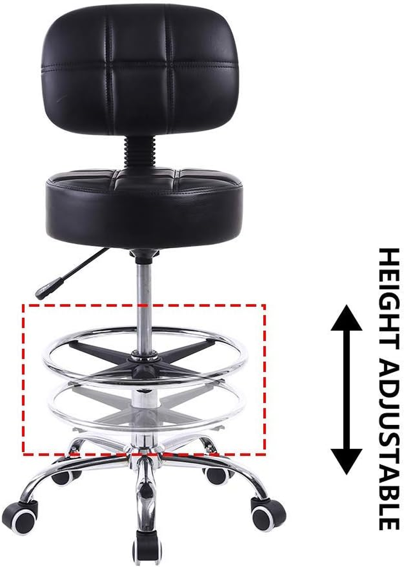 KKTONER Swivel round Rolling Stool PU Leather with Adjustable Foot Rest Height Adjustable Task Work Drafting Chair with Back