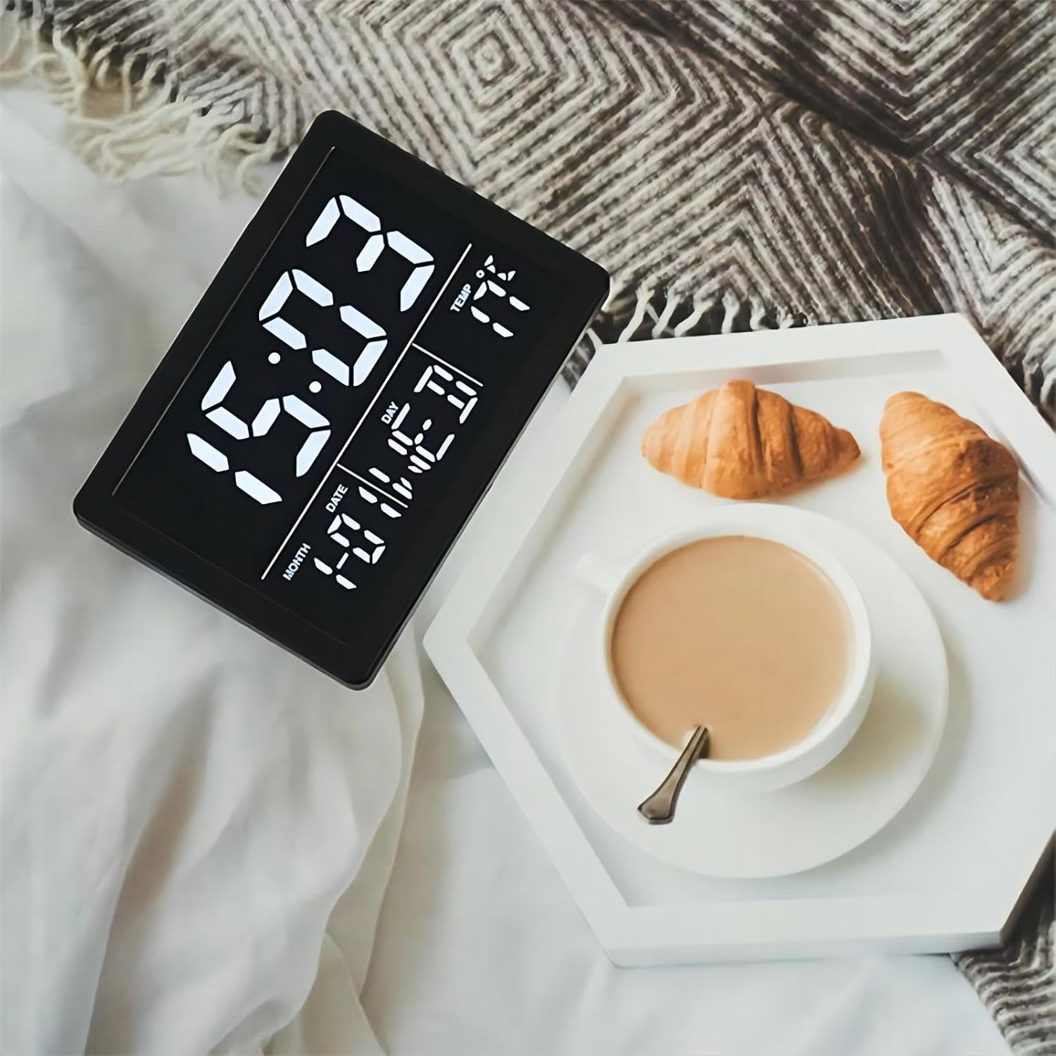 Lancoon Digital Alarm Clock, 13CM LCD Screen Time Date Week Temperature Display 12/24H Snooze Function 6 Adjustable Brightness 8 Ringtones for Home Office Bedroom Living Room (White)